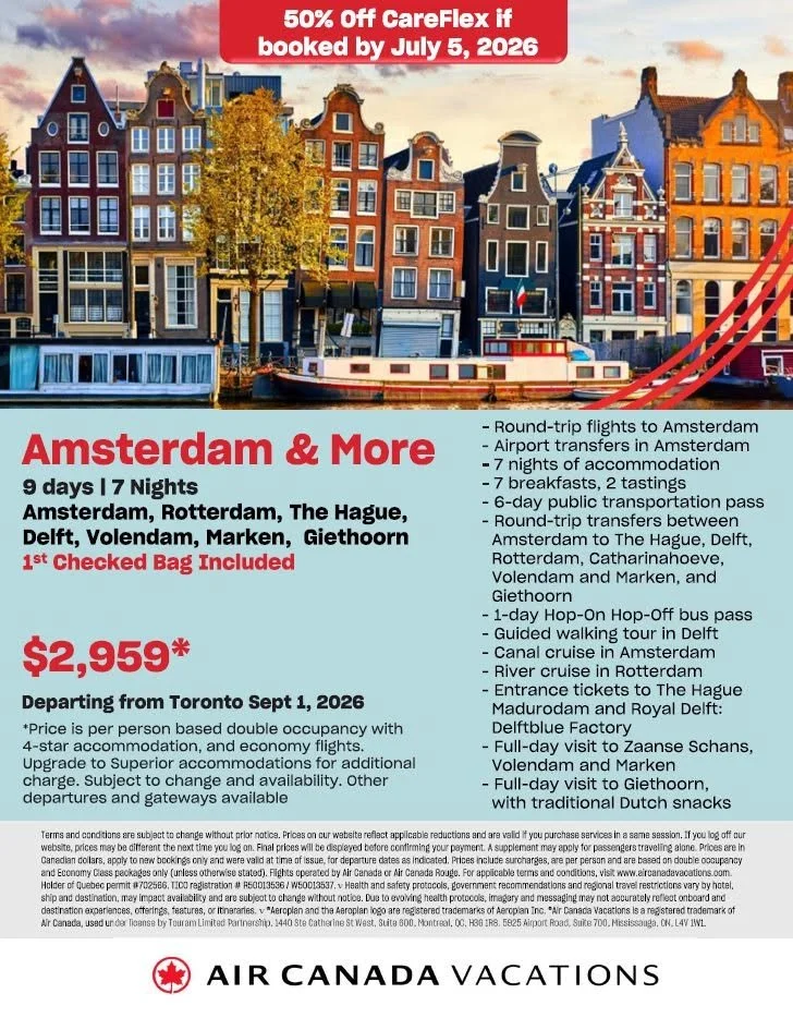 Advertisement for a 9-day, 7-night vacation package to Europe, including Amsterdam, Rotterdam, The Hague, Delft, Volendam, Marken, and Giethoorn, priced at $2,959, departing from Toronto on September 1, 2026, with details about flights, accommodations, activities, and terms.