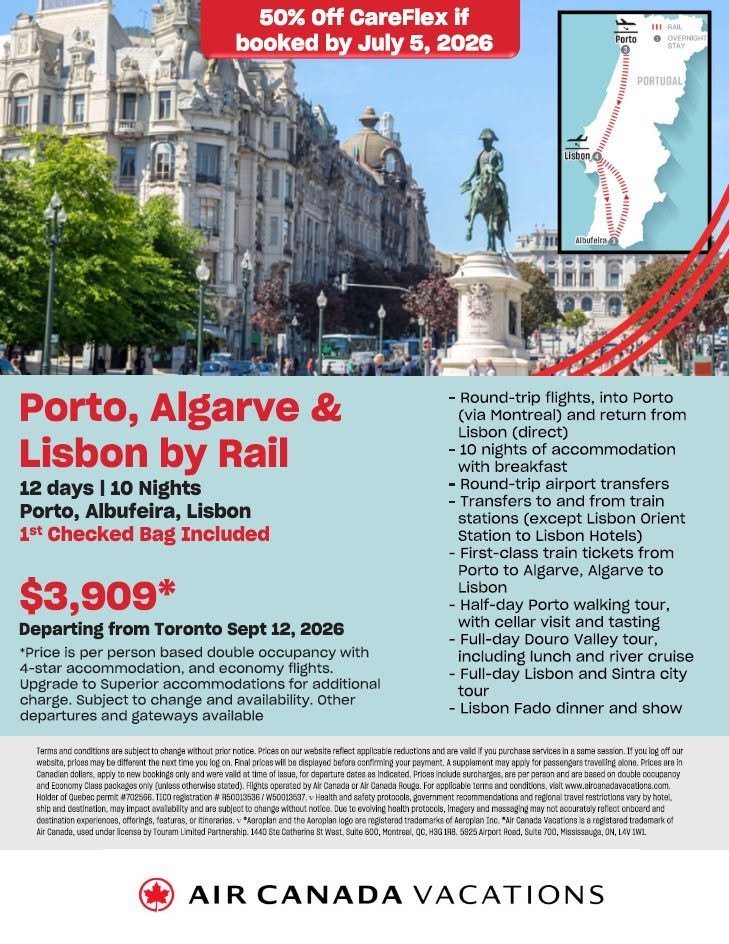 Advertisement for a train journey from Porto, Algarve, and Lisbon by rail, including details about the trip, prices, and booking conditions. The background shows a cityscape with historical buildings, trees, and a statue, and there is a small map of Portugal highlighting the train route.