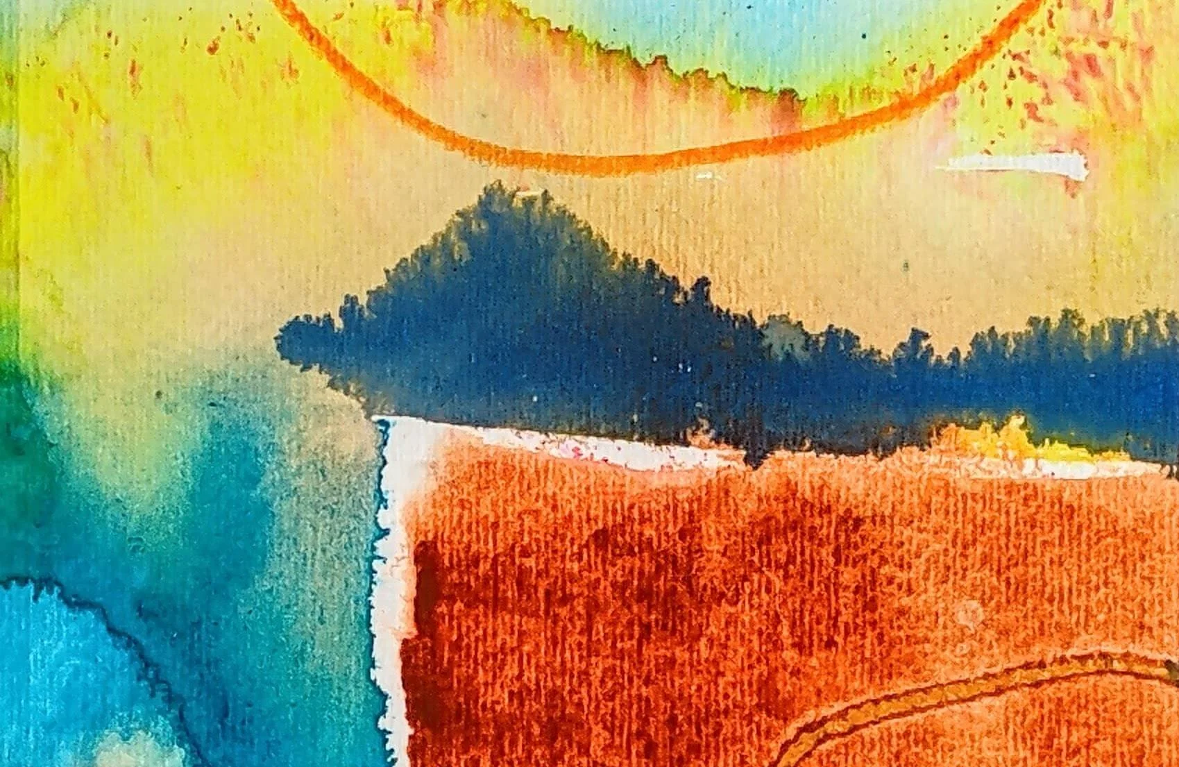 Abstract watercolor painting with vibrant colors including green, orange, blue, yellow, and black, featuring curved lines and textured areas.