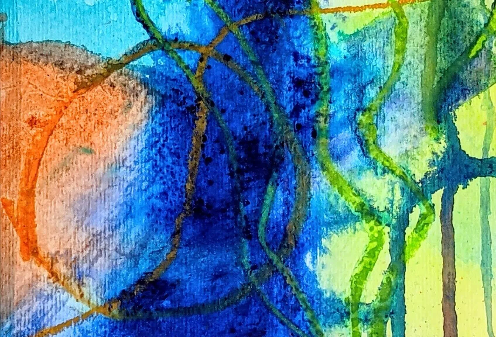 An abstract watercolor painting with blue, green, orange, and yellow hues, featuring various overlapping and flowing artistic strokes and patterns.