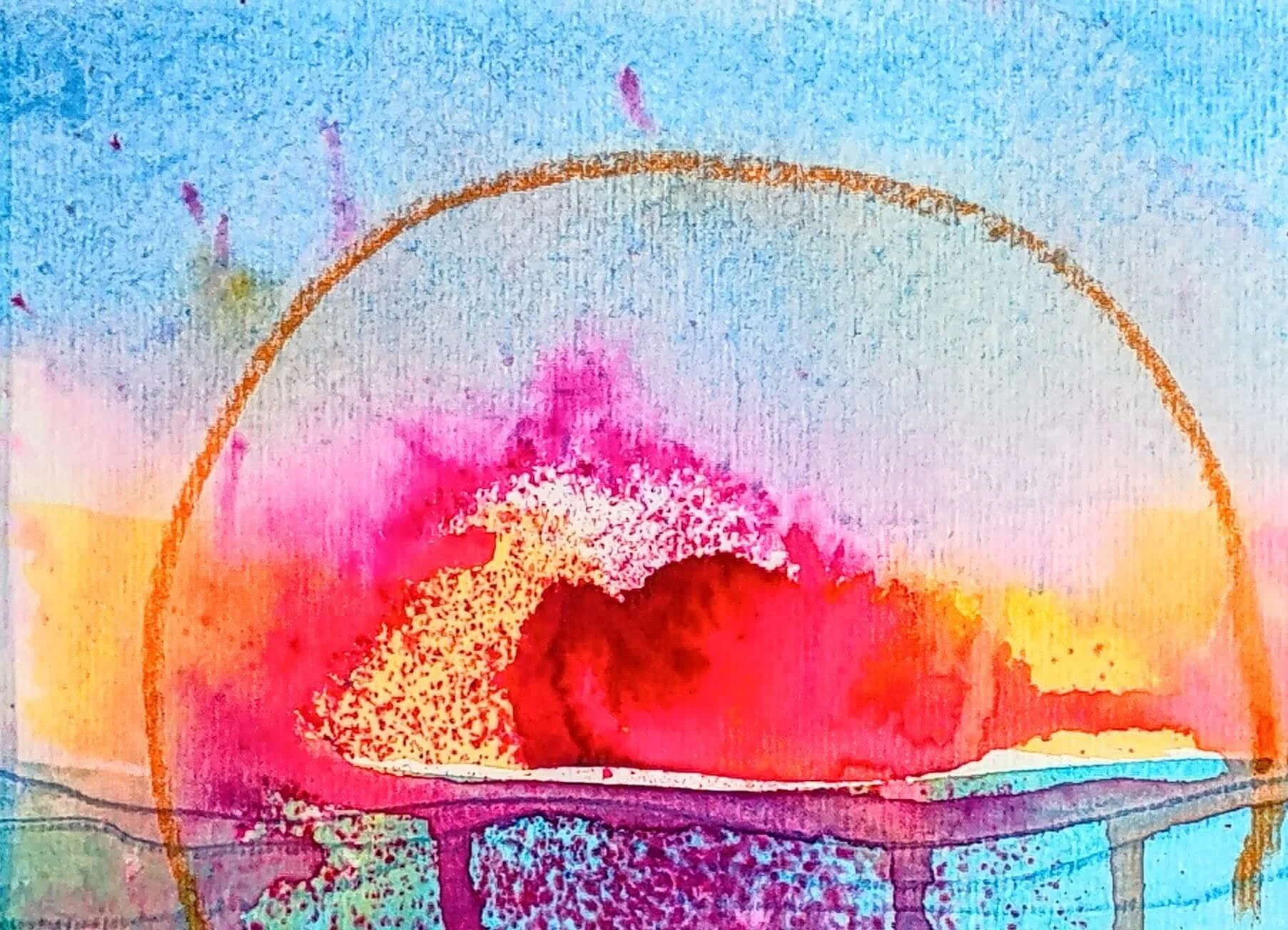 A colorful abstract painting of a sunset viewed through a circular shape, with vibrant colors blending in the sky and on the ground.