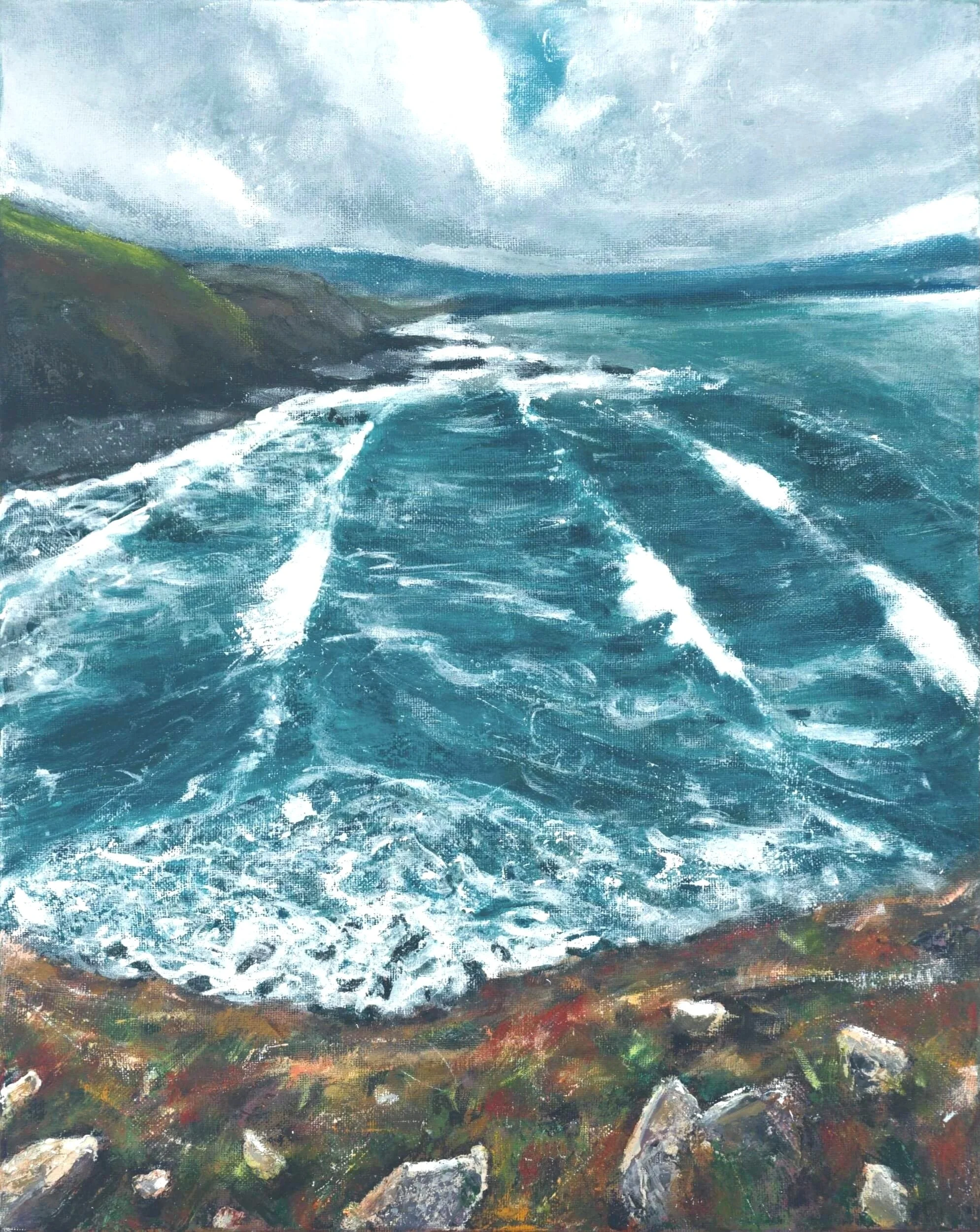 A painting of a seascape with churning blue-green waters, a rocky coastline, and a cloudy sky.