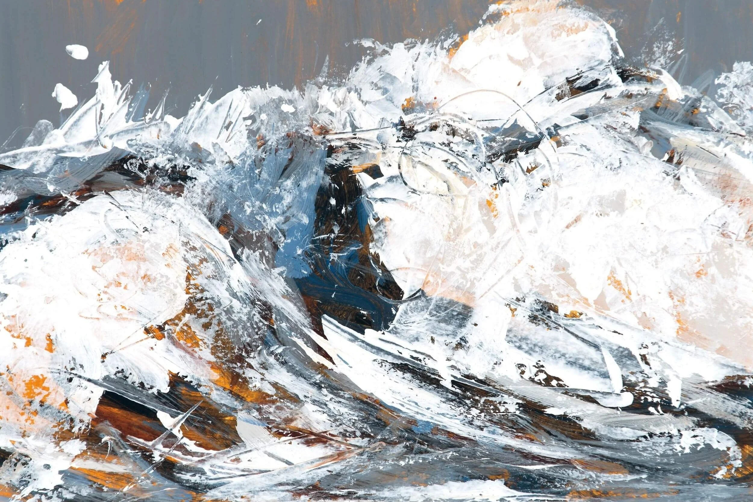 Abstract painting of ocean waves with white, blue, brown, and gray brushstrokes.