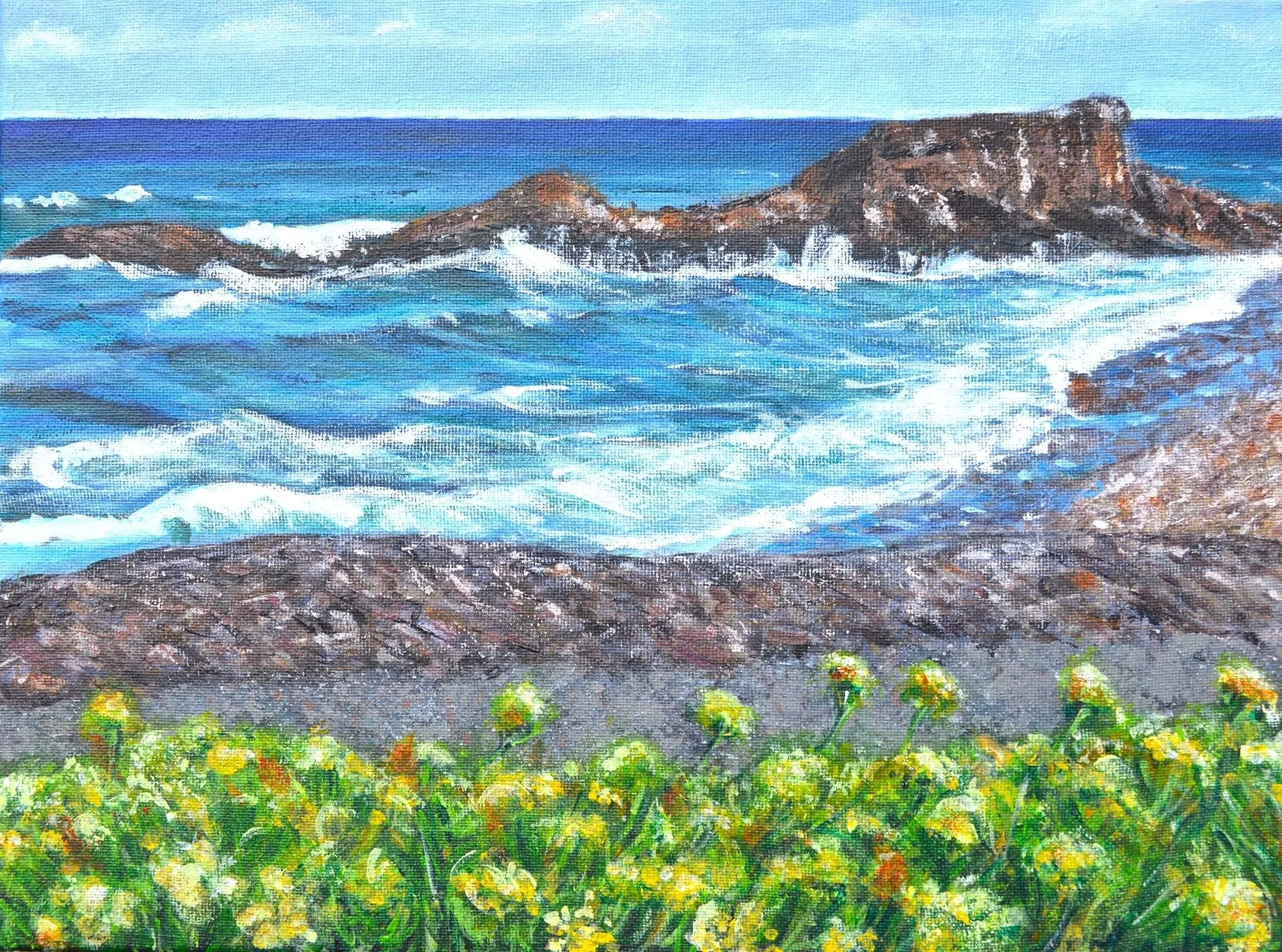 A painting of a coastal landscape with rocky shores, blue ocean waves, a small island or rock formation in the distance, and green plants with yellow flowers in the foreground.