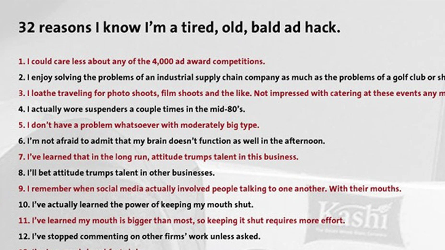 Tired, old, and bald.