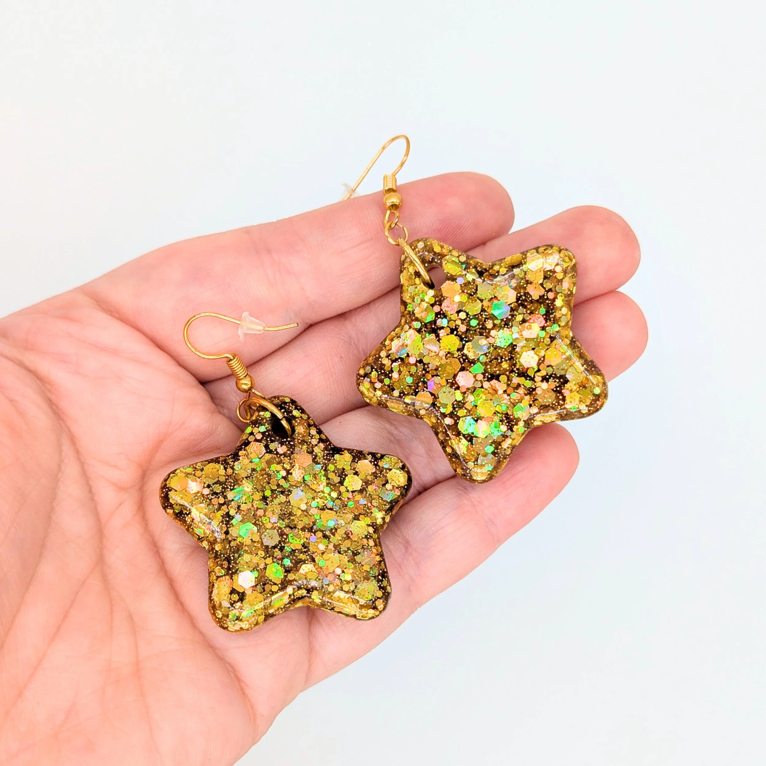 Glitter Golden Star Earrings – Handmade Resin Jewellery