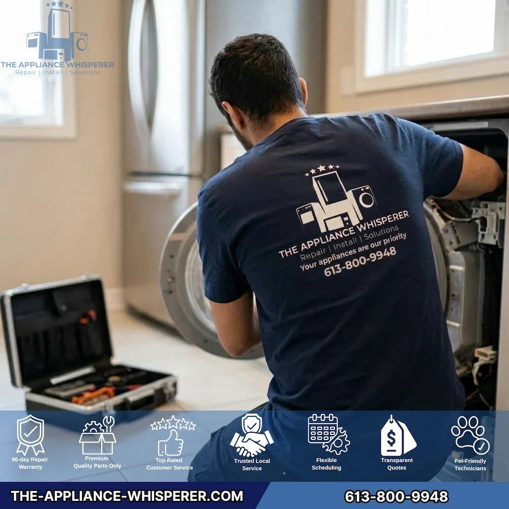 A technician repairing a washing machine inside a home. He is wearing a navy blue shirt with the logo and contact information of "The Appliance Whisperer" on the back.