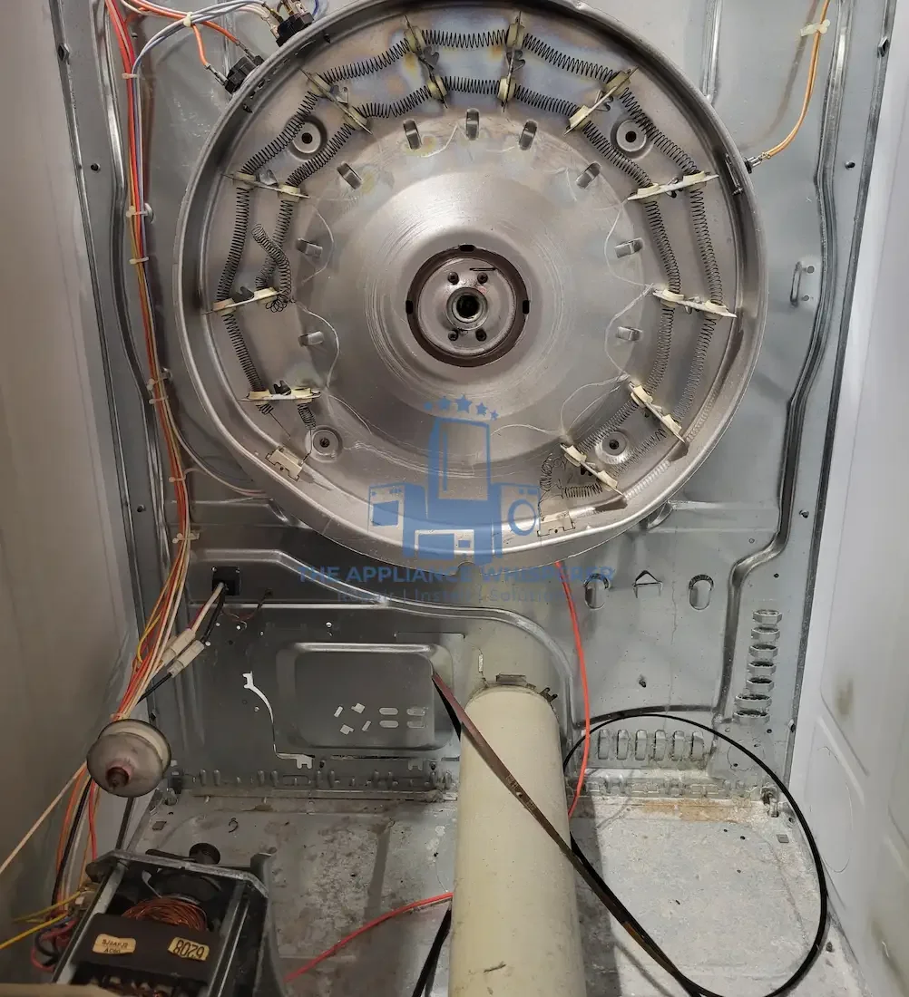 Interior of an appliance, likely a washing machine, showing the drum and internal wiring components.
