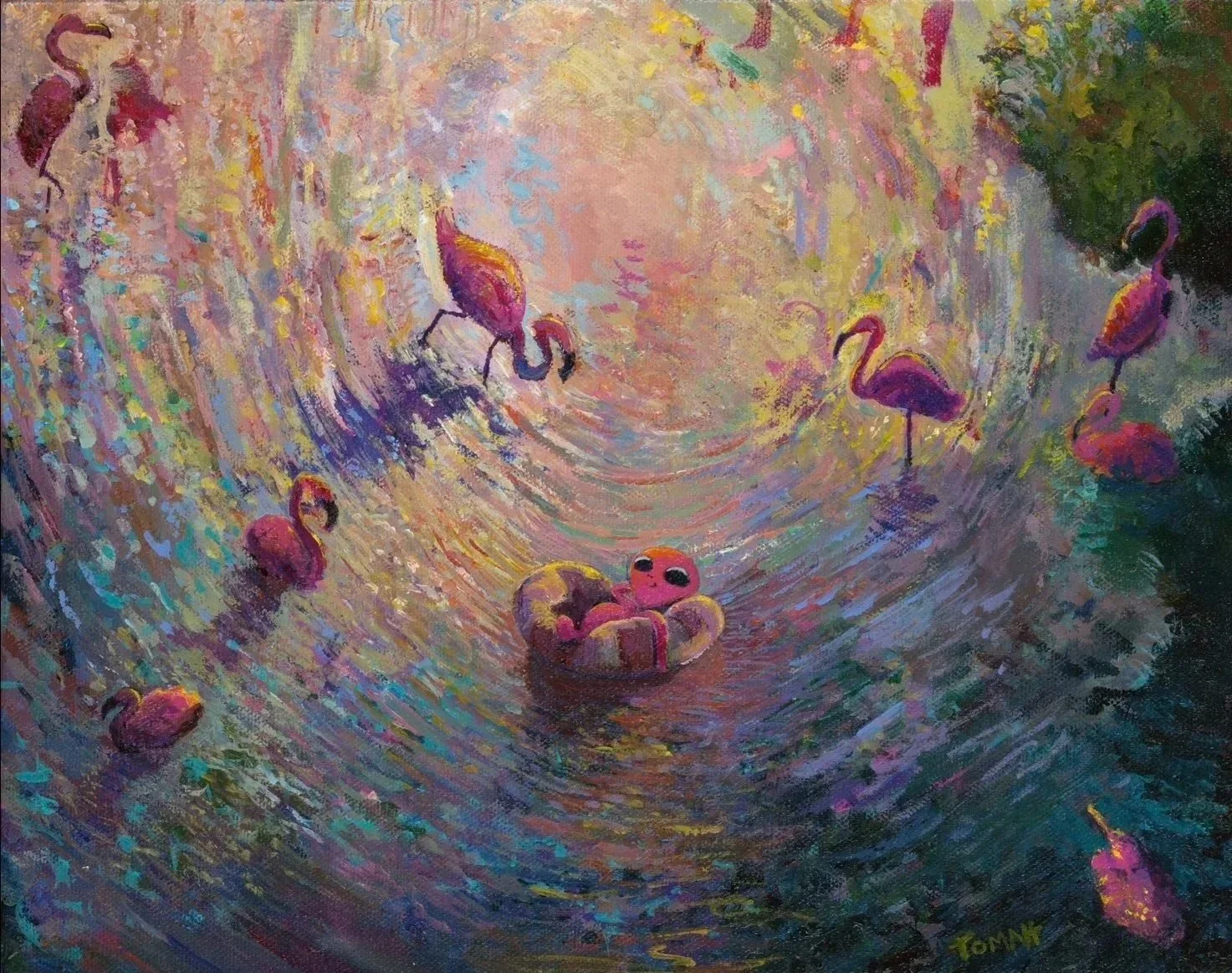 "Afloat with Flamingos" 14x11, hand-painted acrylic, 2025 Design by Tomah