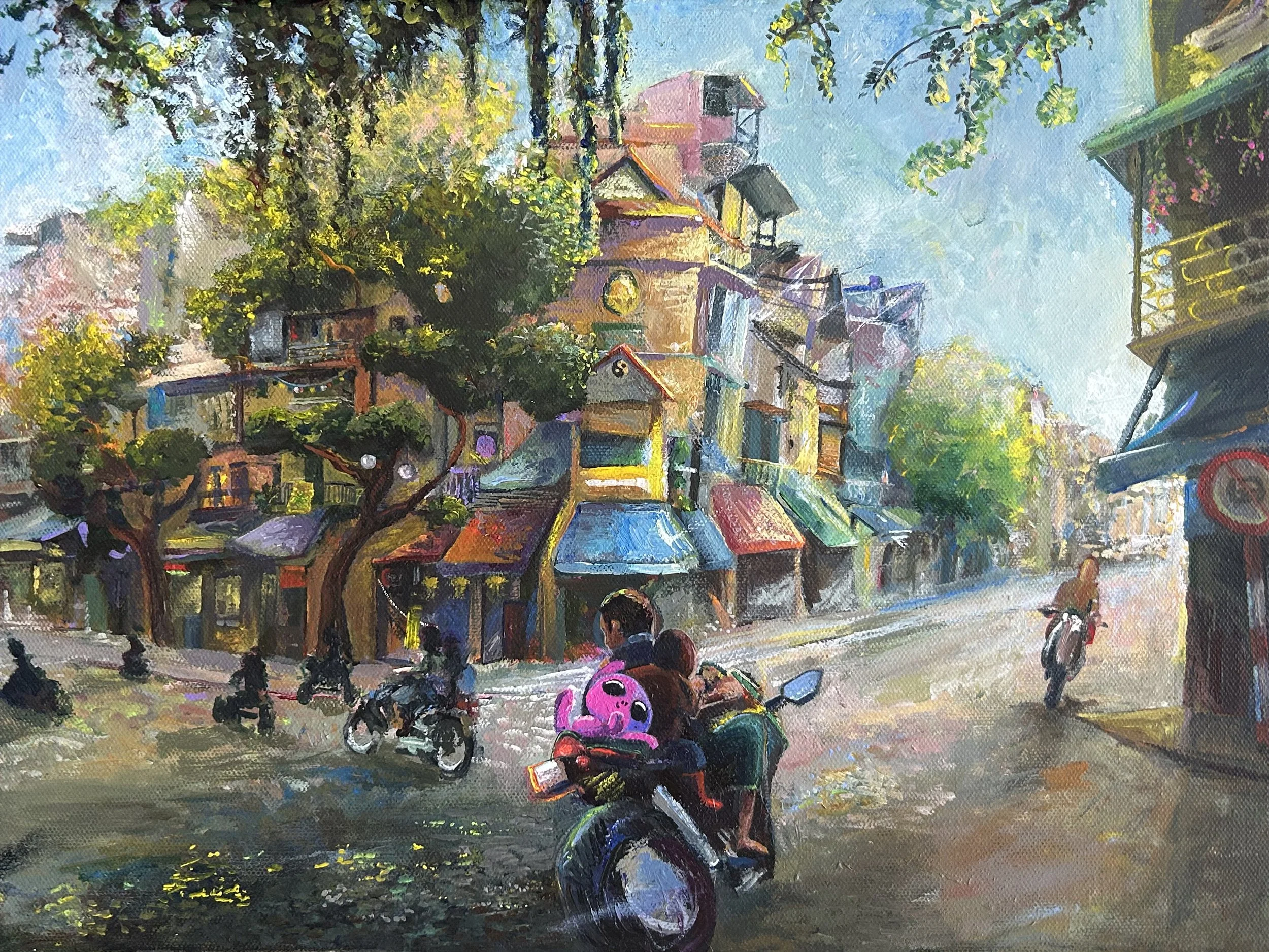 "Hanoi Intersection" 16x12, hand-painted acrylic, 2025 Design by Tomah