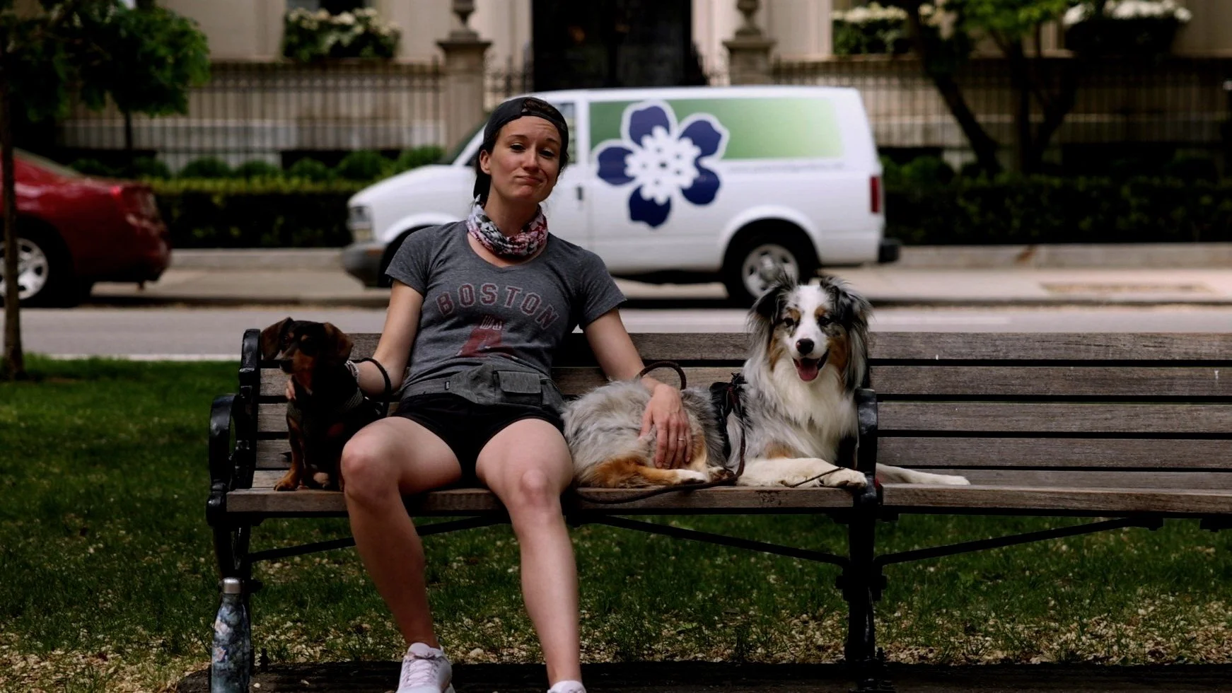 Boston woman sits on park bench with a dachshund and Australian shepherd on either side of her..
