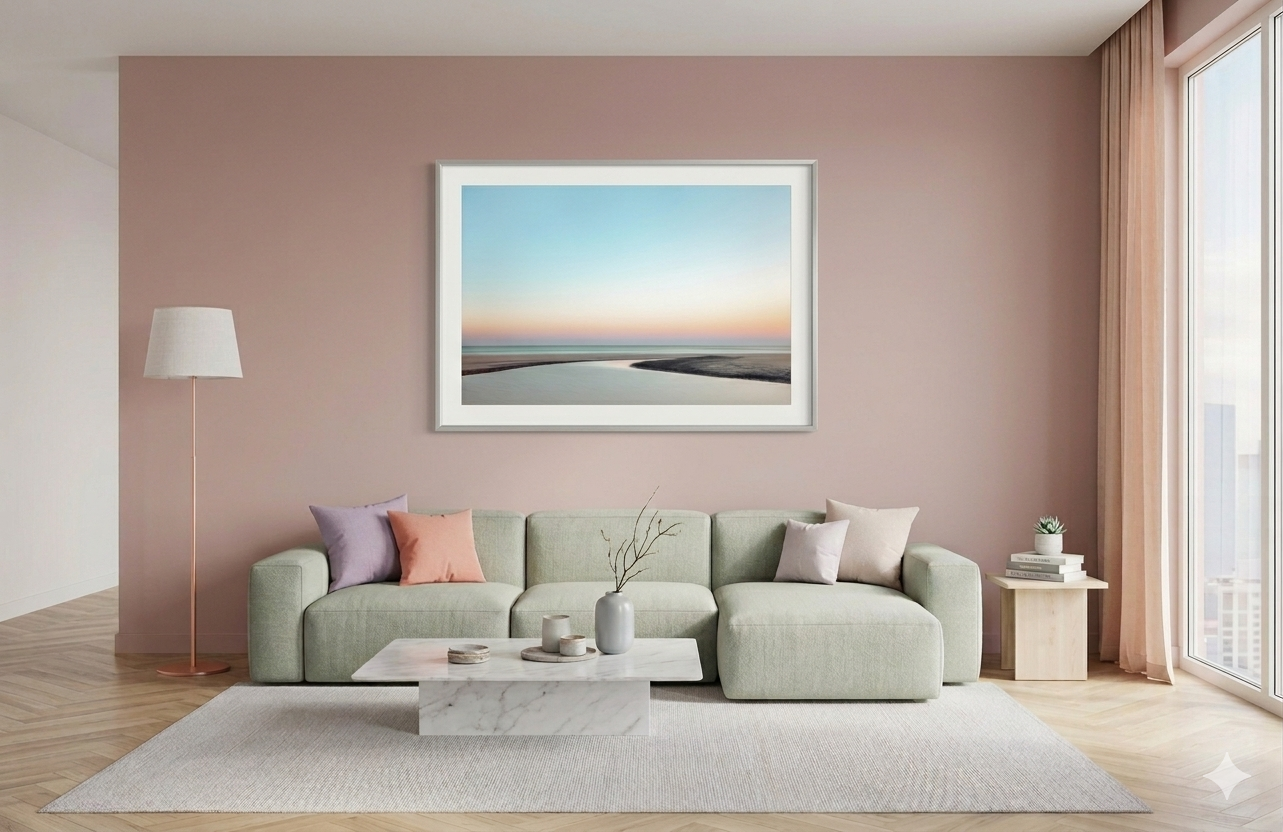 Moderner Wohnraum mit pastellfarbenem Sofa, Kissen, großer Wandkunst, Strand in Costa Rica, Stehlampe, Beistelltisch mit Buch und Pflanze, großer Fenster mit Vorhängen, heller Boden