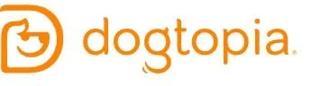 Dogtopia logo in orange with a smiling dog face in a square outline.