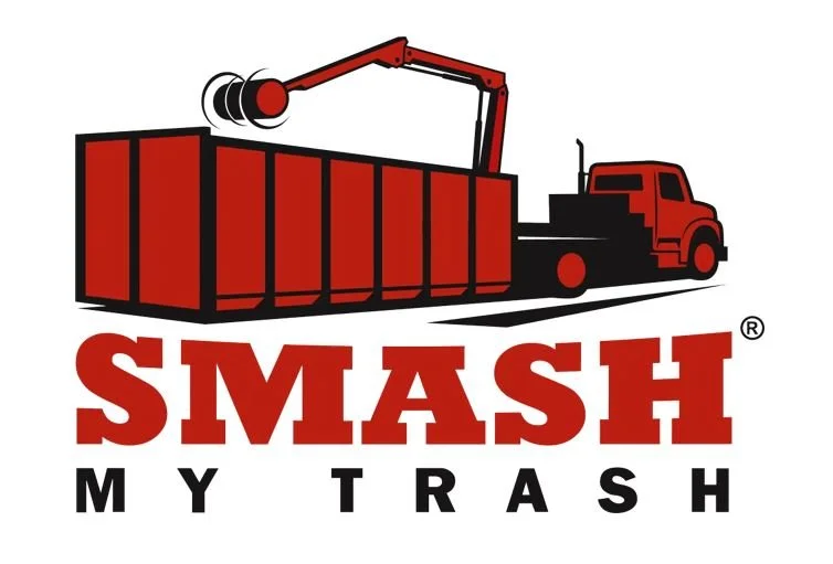 Logo of a trash collection truck with a hydraulic arm lifting a skip, and the text 'SMASH MY TRASH' in bold red and black letters.