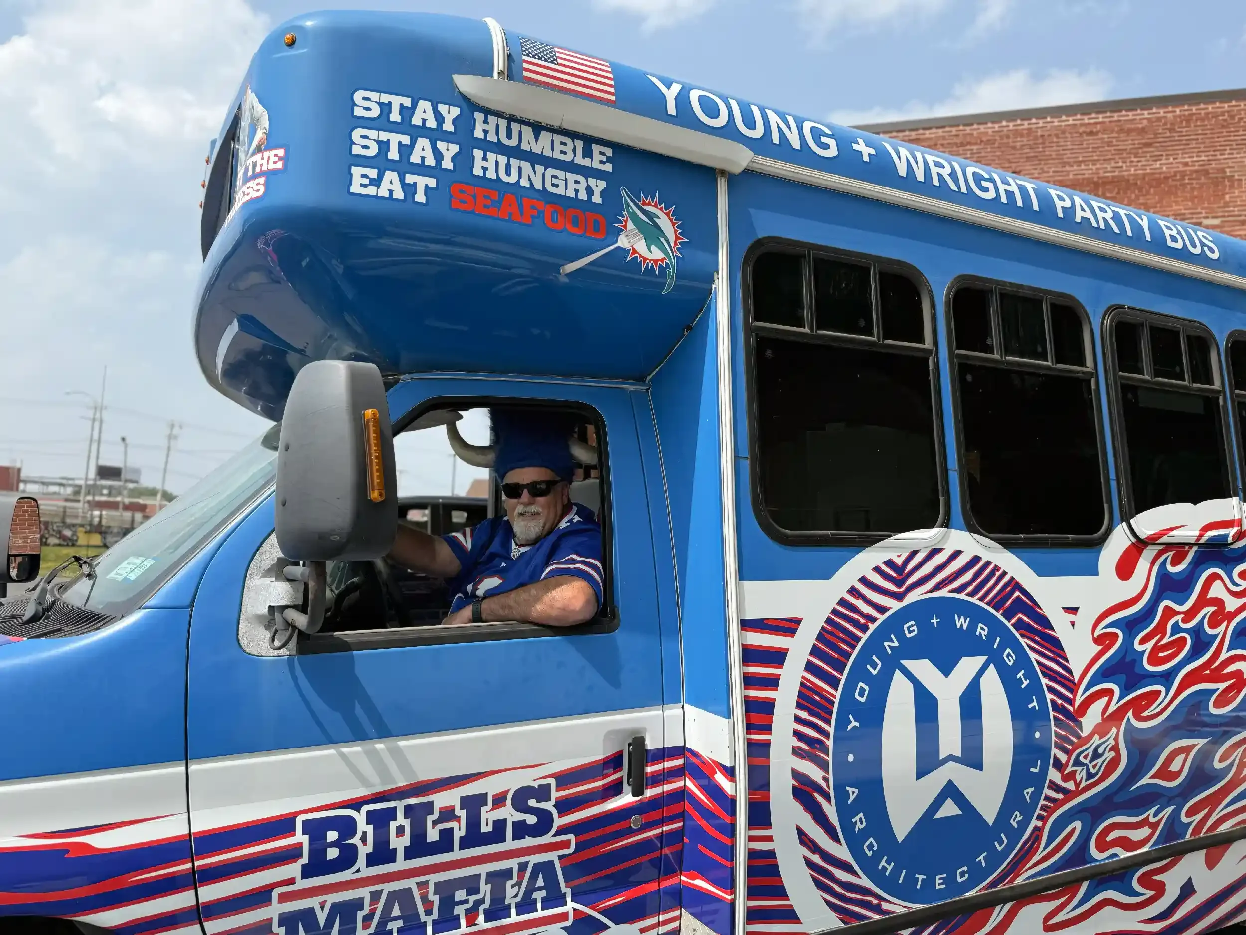 Jerry Young at the wheel of his final Bills Bus transformation