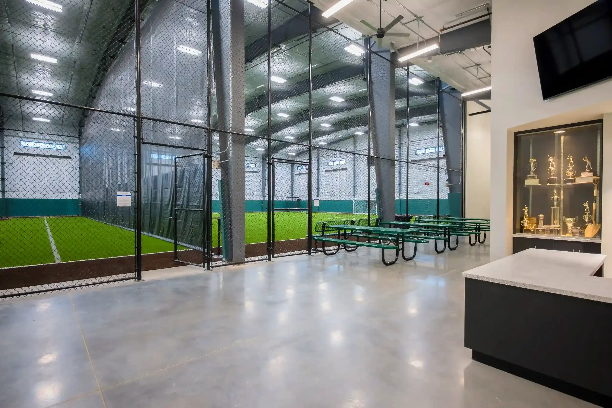 Batting cages inside the new Thomas M. Fieldhouse built for the City of Buffalo at Shoshone Park.