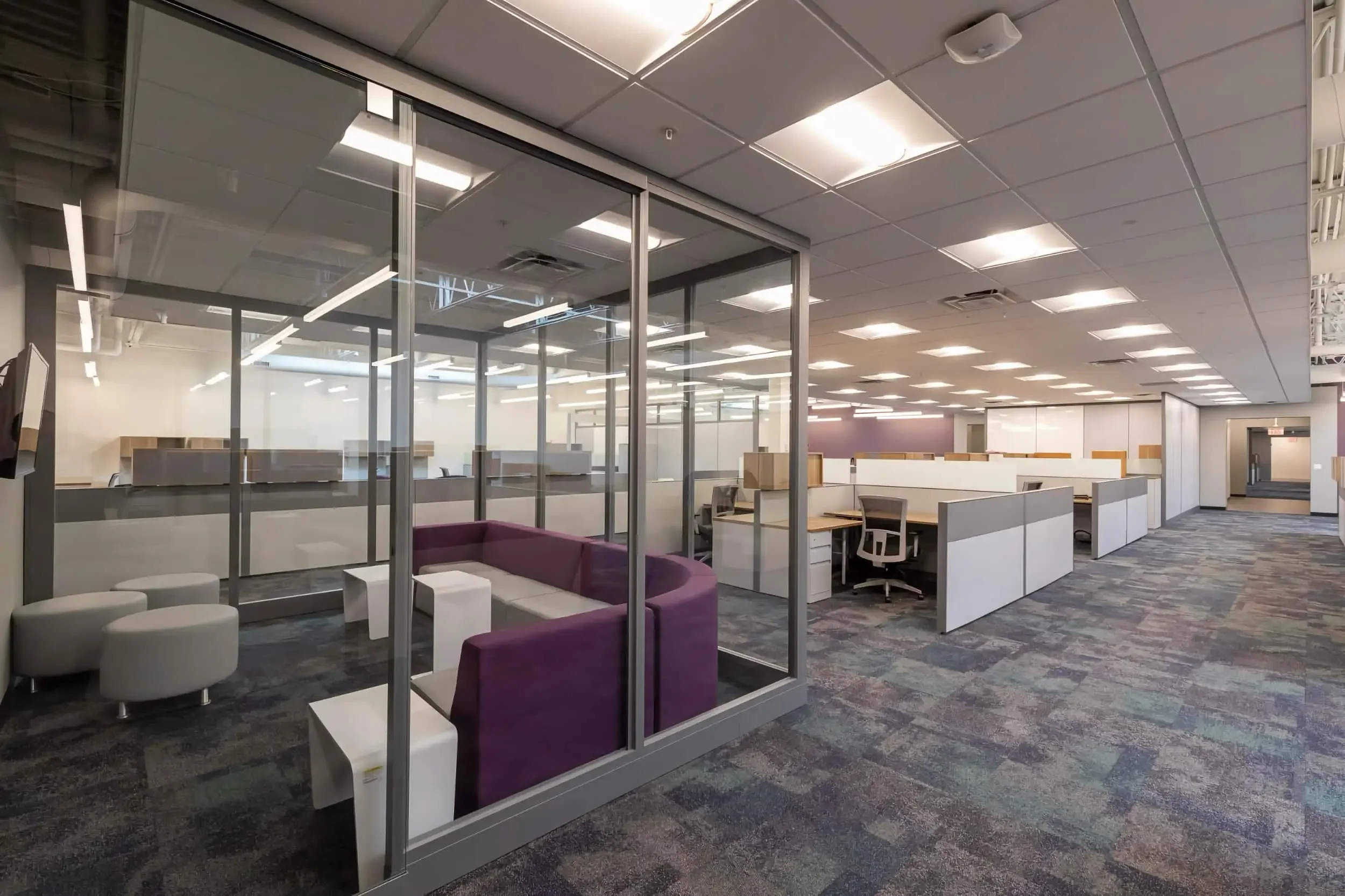 A meeting lounge and desk areas at Erie 1 BOCES campus