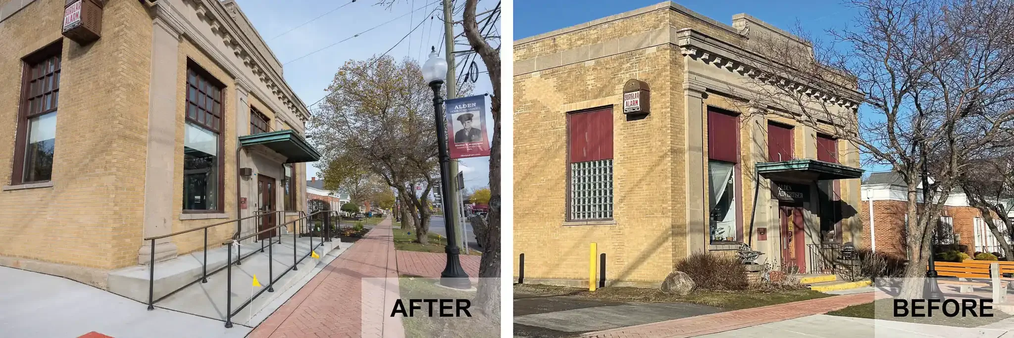 A before and after of the historic bank exterior