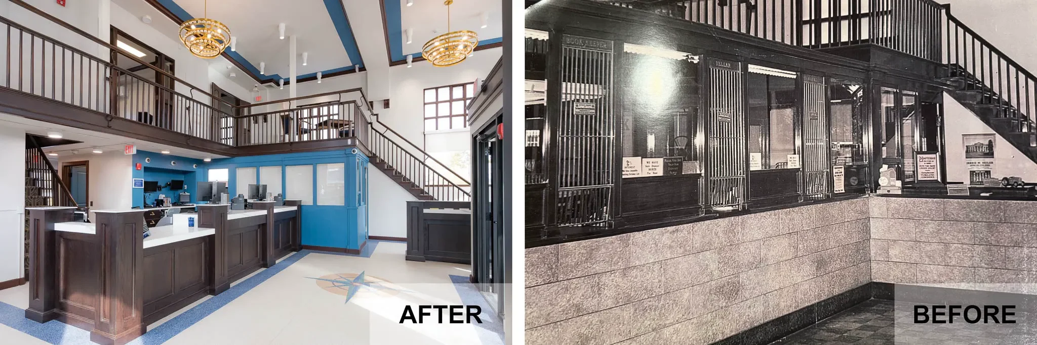 A before and after of the historic bank interior
