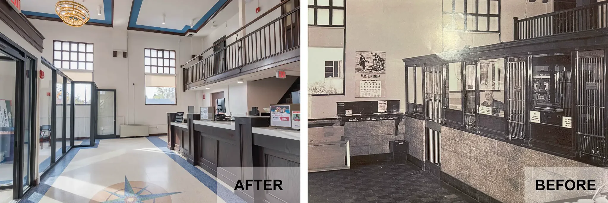 A before and after of the historic bank teller windows