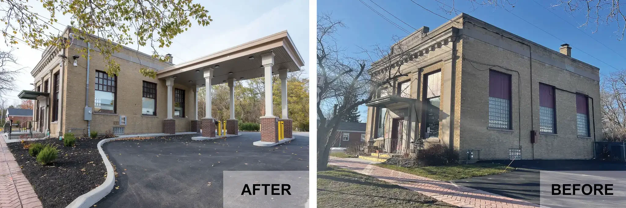 A before and after of the historic bank exterior