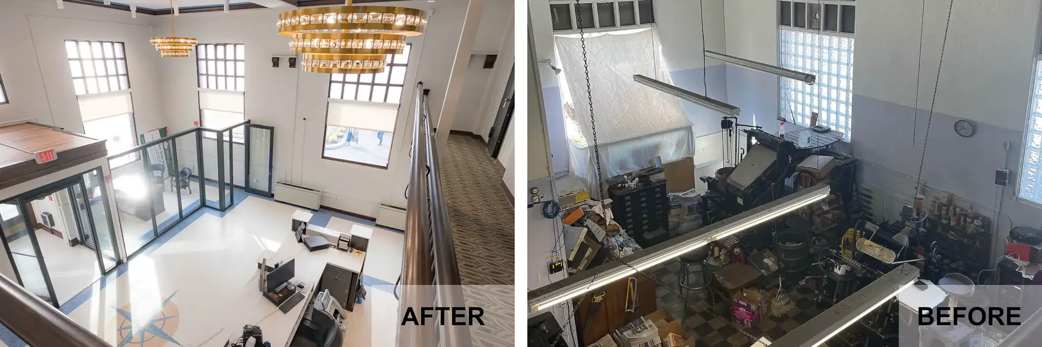 A before and after of the historic bank interior