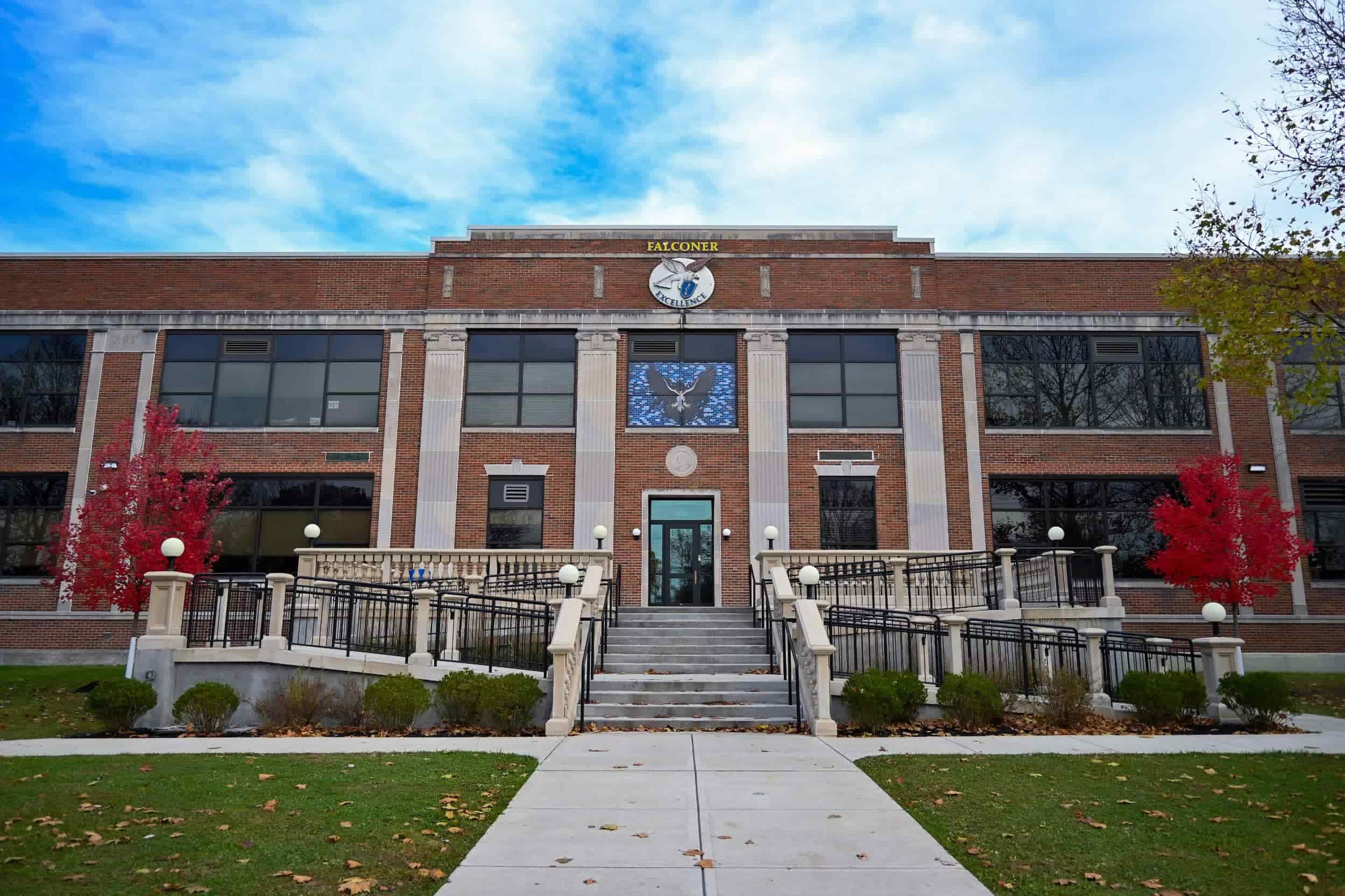 The school's new entrance with new stairs and wheelchair accessible ramps