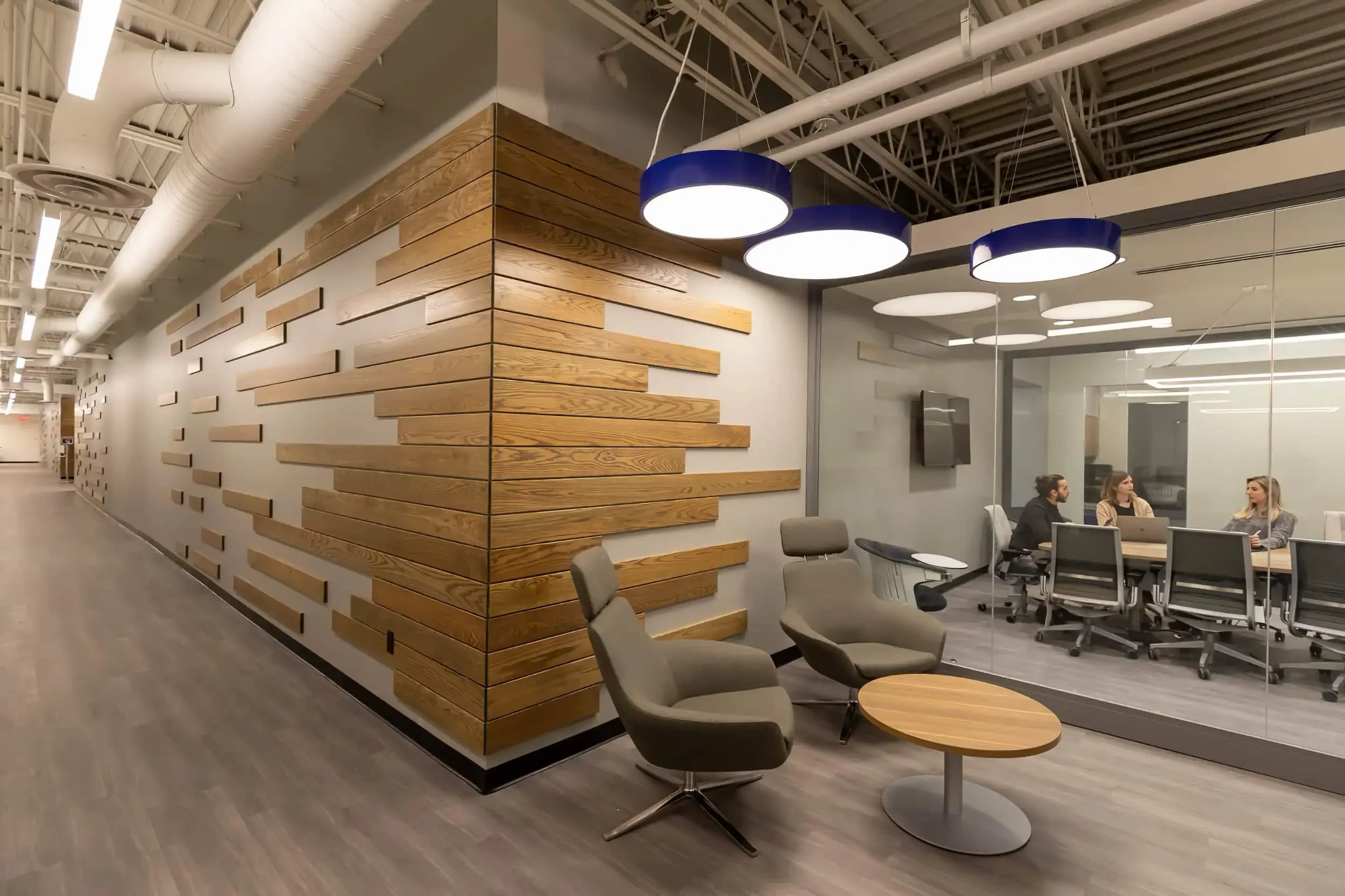 A meeting lounge and hallway decor details at Erie 1 BOCES campus