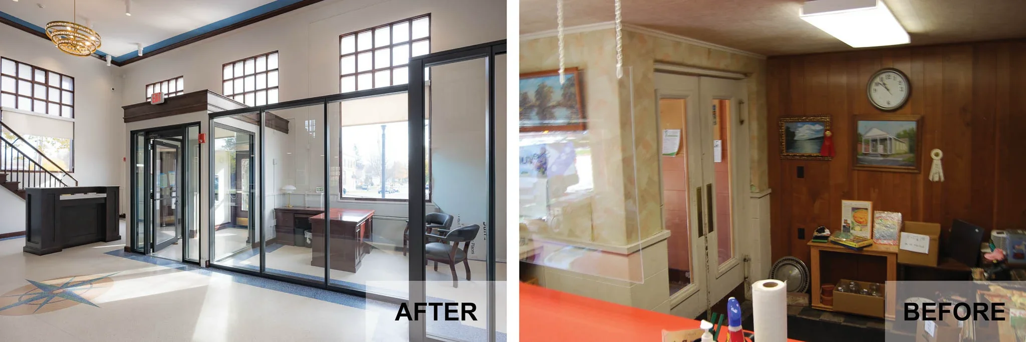 A before and after of the historic bank interior