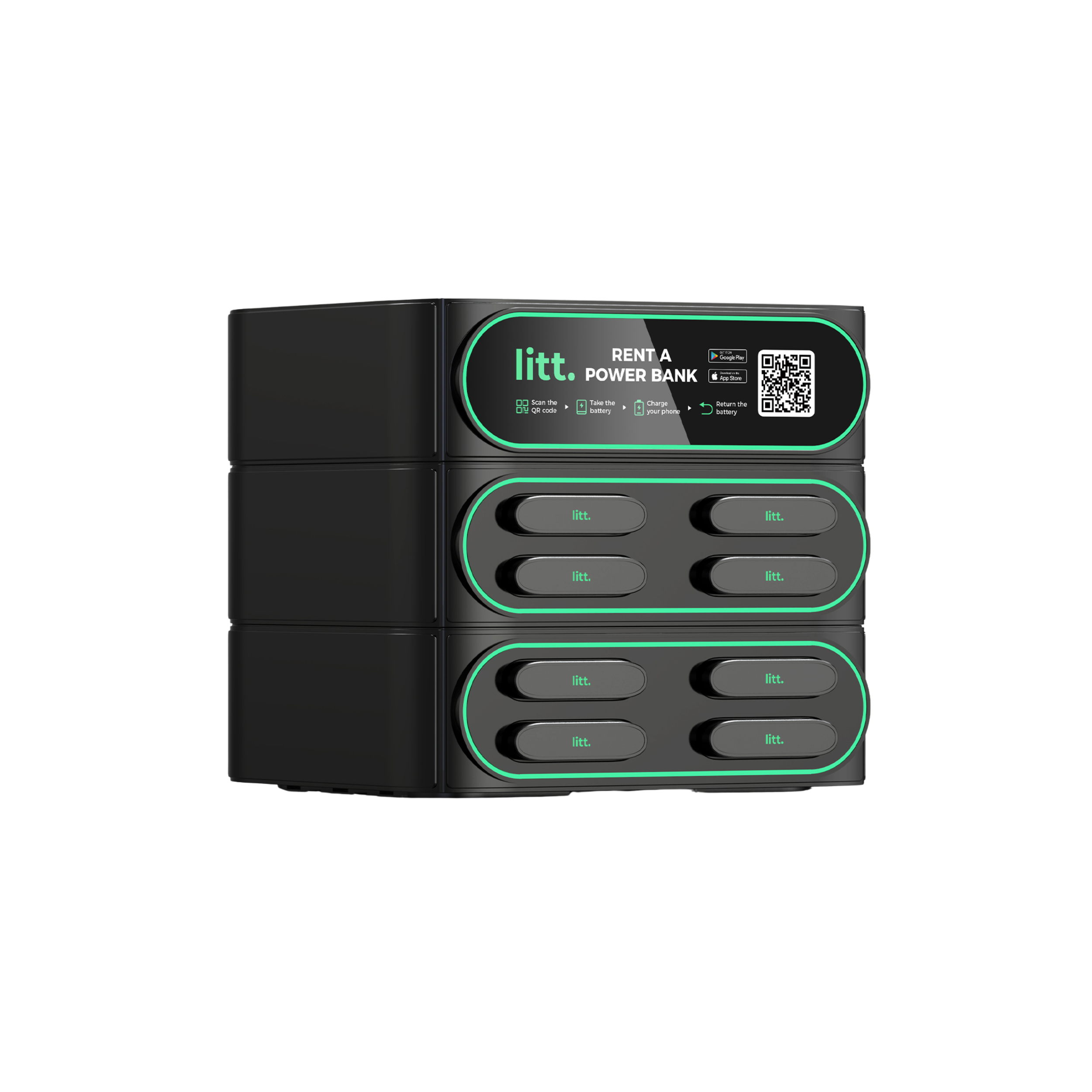 Black portable power bank units with green accent lines, labeled 'litt.', stacked with a digital label about renting a power bank, QR code, and instructions.