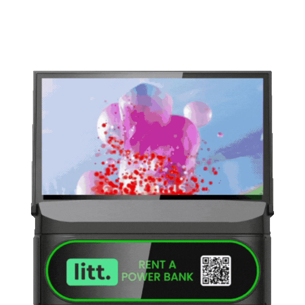 A modern cashless kiosk with a power bank advertisement, featuring a colorful digital display with pink and red abstract shapes and a QR code for renting a power bank. Powerbank Curacao Low Battery