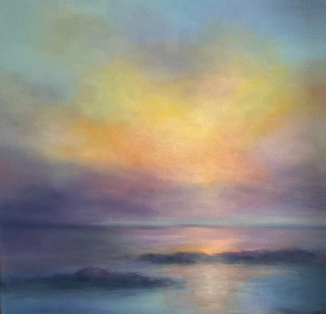 Abstract painting of a colorful sky over calm water, featuring soft hues of yellow, purple, and blue.