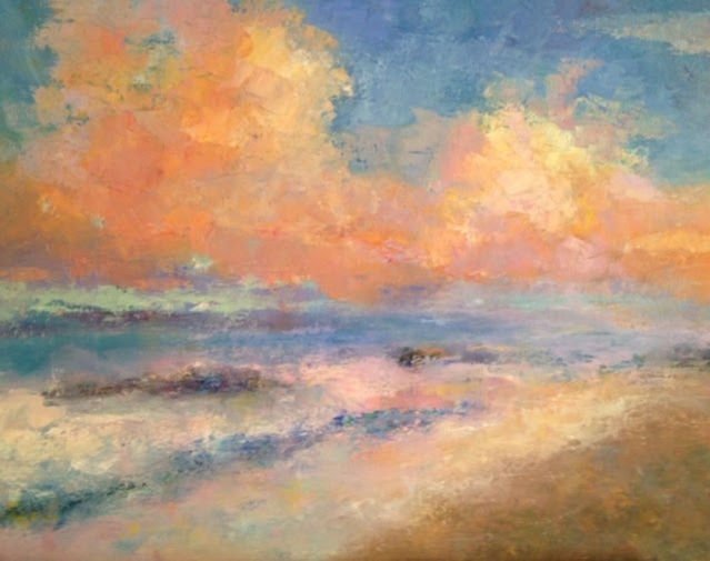 Impressionist painting of a colorful beach scene with vibrant, fluffy clouds and a calm sea reflecting sunset hues.