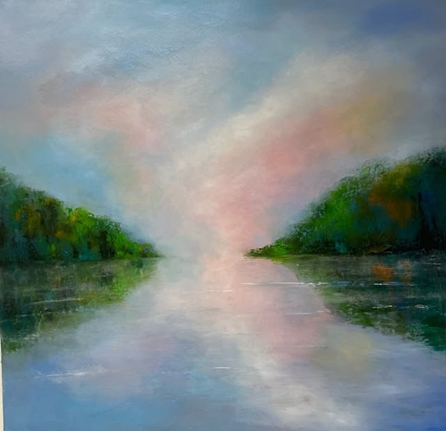 Abstract landscape painting of a serene river with lush green banks and a sky blending soft pink, blue, and gray hues.