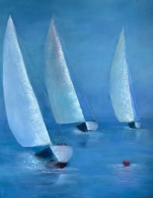 Painting of three sailboats on calm blue water, with large white sails and a small red buoy in the foreground.