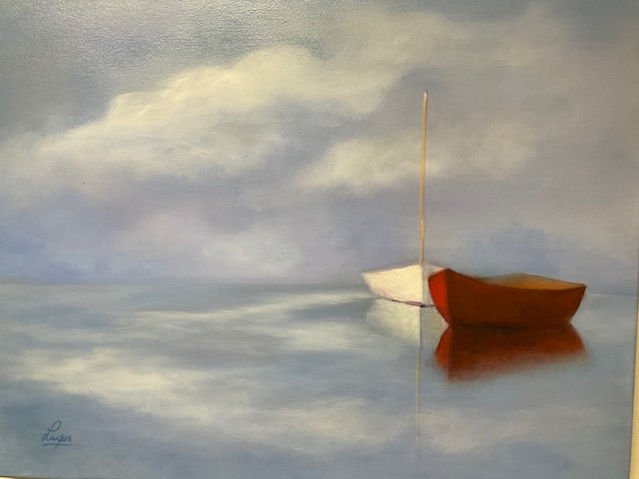 Painting of two boats floating on calm water with a cloudy sky reflection.