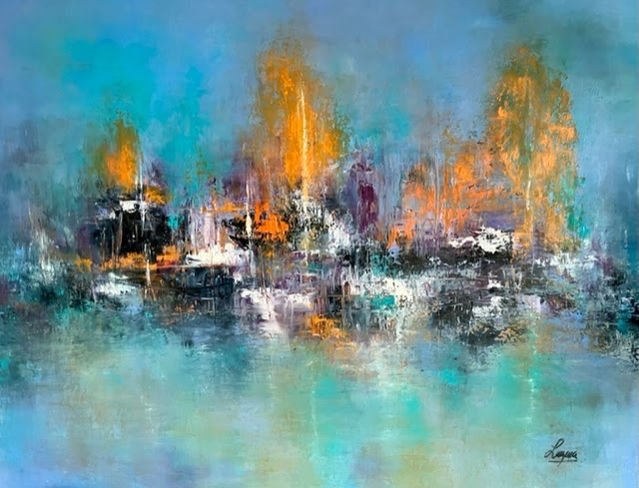 Abstract painting with vibrant blue, orange, and white colors creating a blurry, textured scene.
