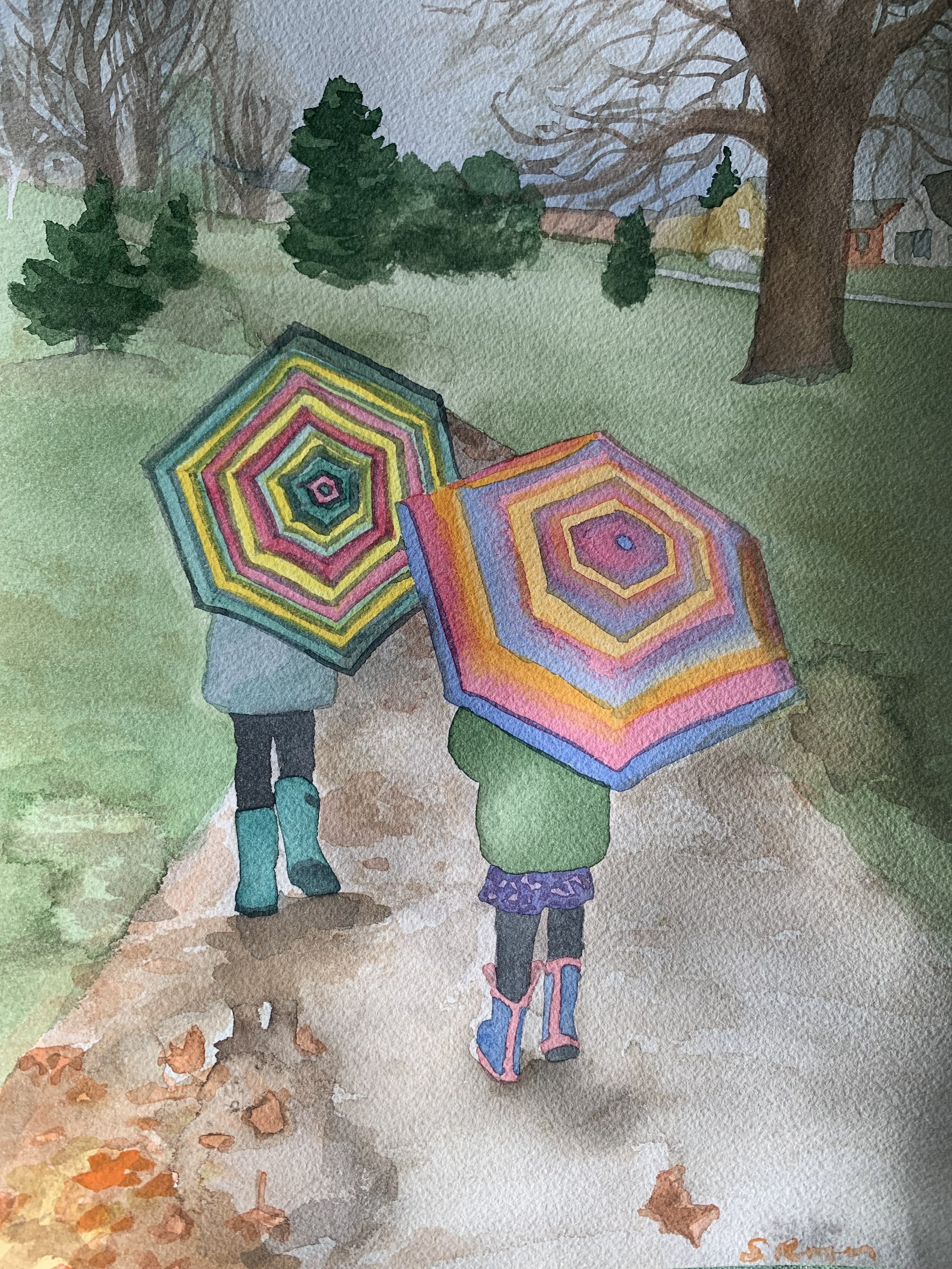 "Girls with Umbrellas" watercolor on paper 12" x 9"