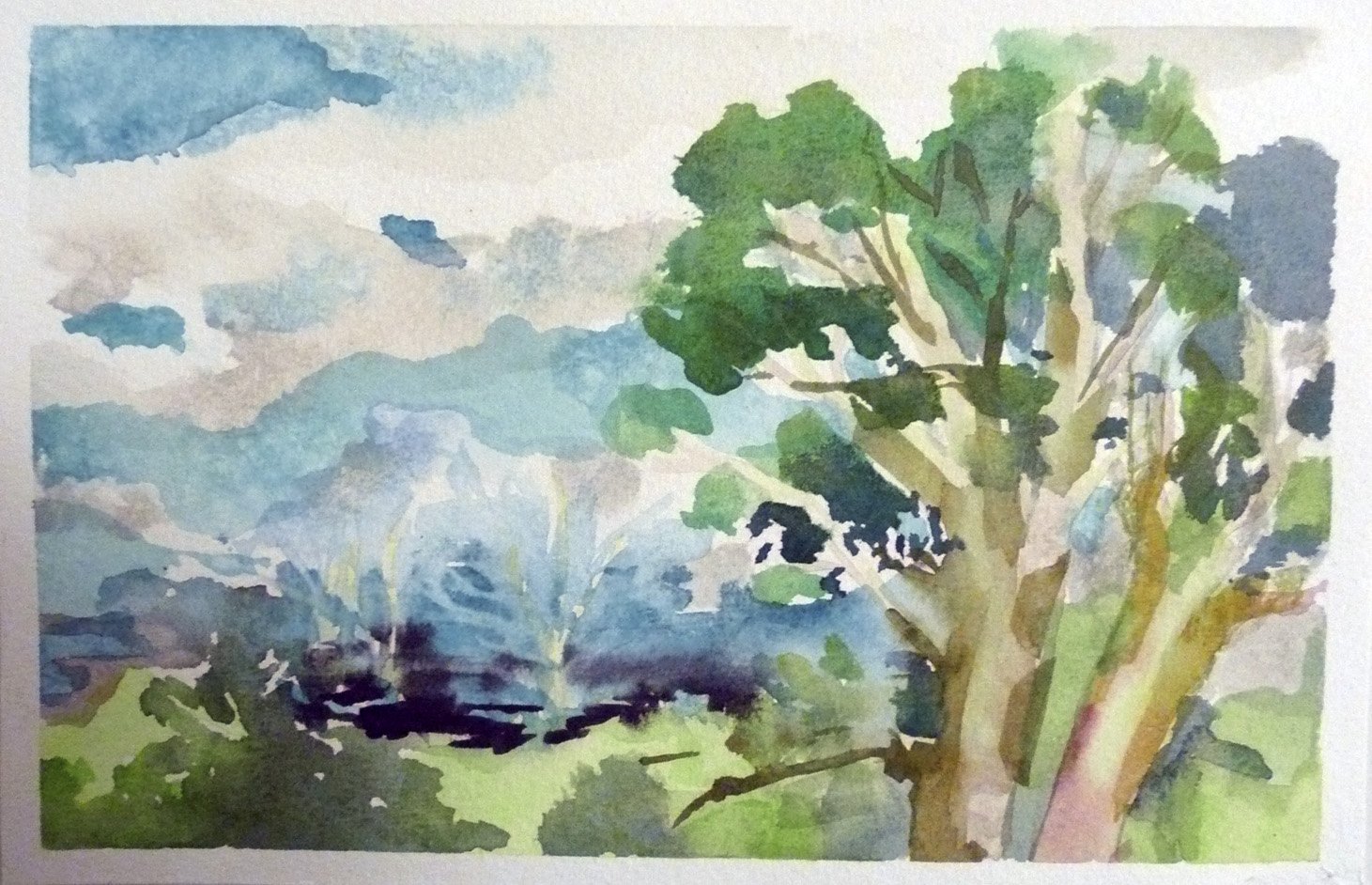 "Púu Úalakáa" or "View of Pearl Harbor from Tantalus Lookout" watercolor on paper 6" x 9"
