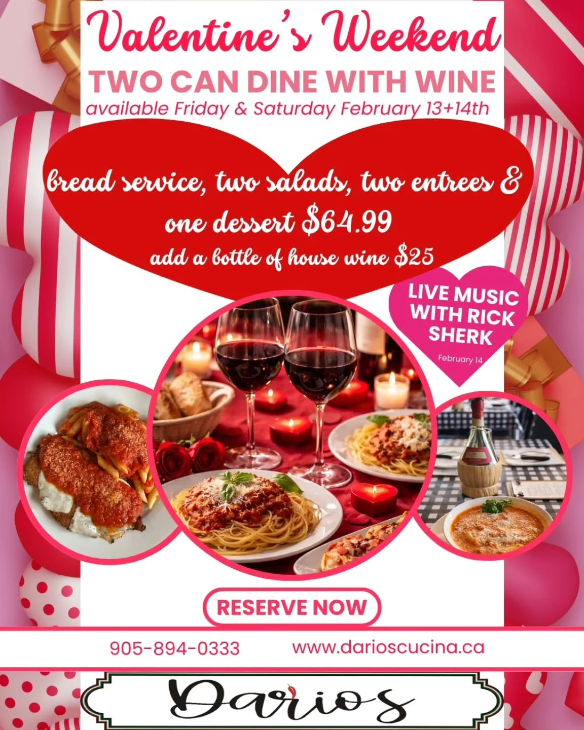❤️ Love is best shared over good food and a glass of wine 🍝🍷
Join us this Valentine&rsquo;s Day weekend for cozy vibes, delicious Italian food, and a whole lot of amore ❤️

Reservations recommended/booking up quickly 
905-894-0333 
3822 Dominion Rd