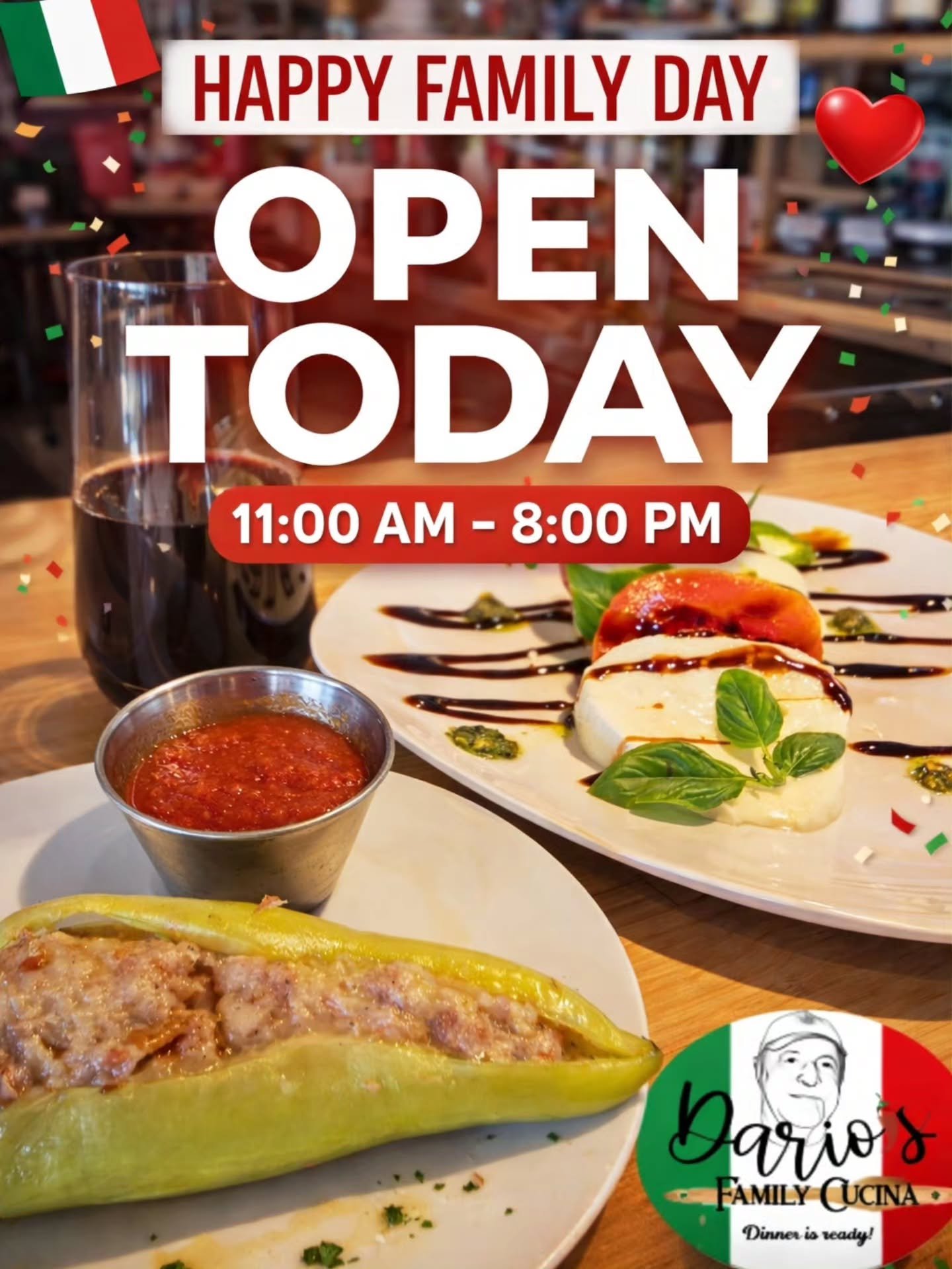 Happy Family Day! 🇮🇹❤️

🔥We&rsquo;re OPEN today from 11:00 AM &ndash; 8:00 PM and ready to serve up all your Italian favourites. Bring the family in and celebrate with great food, good wine, and a warm table waiting for you.🔥

Dine in &bull; Take