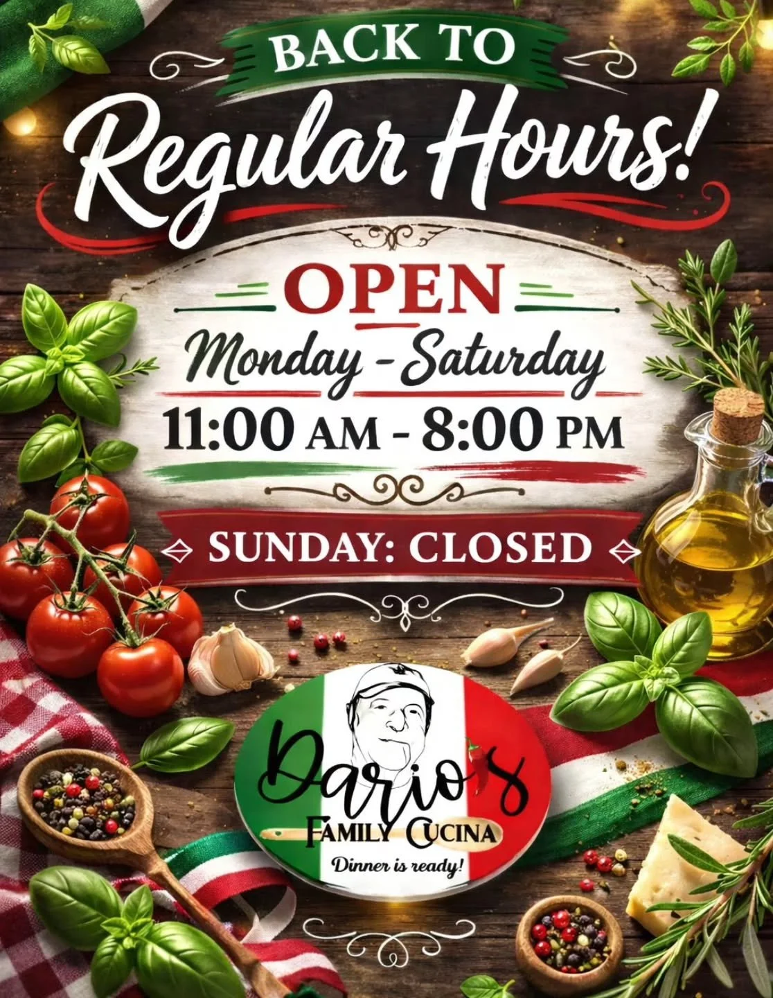 🍕 WE ARE BACK 🍕 after a much needed family vacation we are back to serve you all of your Italian favourites! 

🍴Open today March 19th @ 11am 
🍲  Grab &amp; GO is fully stocked 
🍷 Lots of delicious wine 
📱 905-894-0333 

Can't wait to see everyo