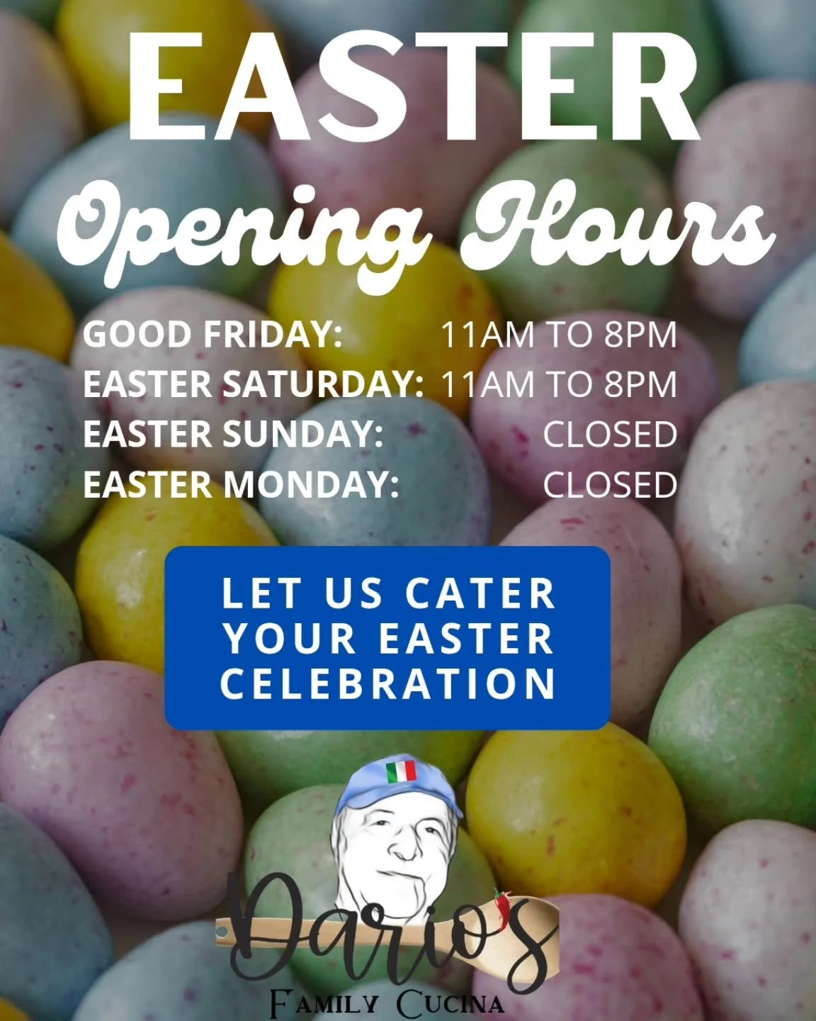 Celebrate Easter with us 🐣🌸

We&rsquo;ll be open:

&bull; Good Friday: 11&ndash;8
&bull; Easter Saturday: 11&ndash;8
&bull; Easter Sunday: Closed
&bull; Easter Monday: Closed

Planning a gathering? Let us cater your Easter celebration and make it d