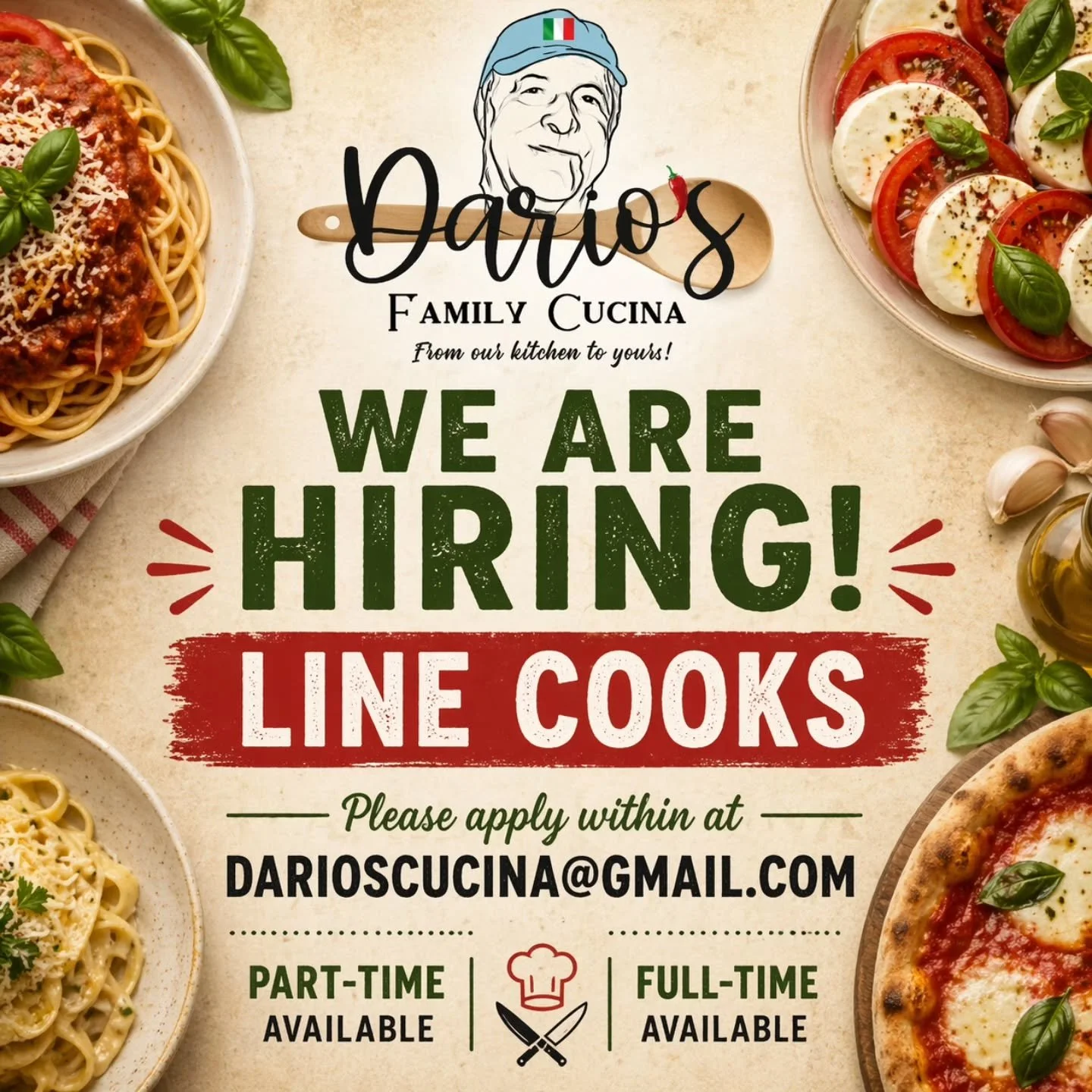 🍝 WE&rsquo;RE HIRING AT DARIO&rsquo;S FAMILY CUCINA! 🍝

Join our team! We&rsquo;re currently looking for full-time and part-time employees to be part of our growing family.

✨ Competitive pay (based on experience)
✨ Friendly, fast-paced environment