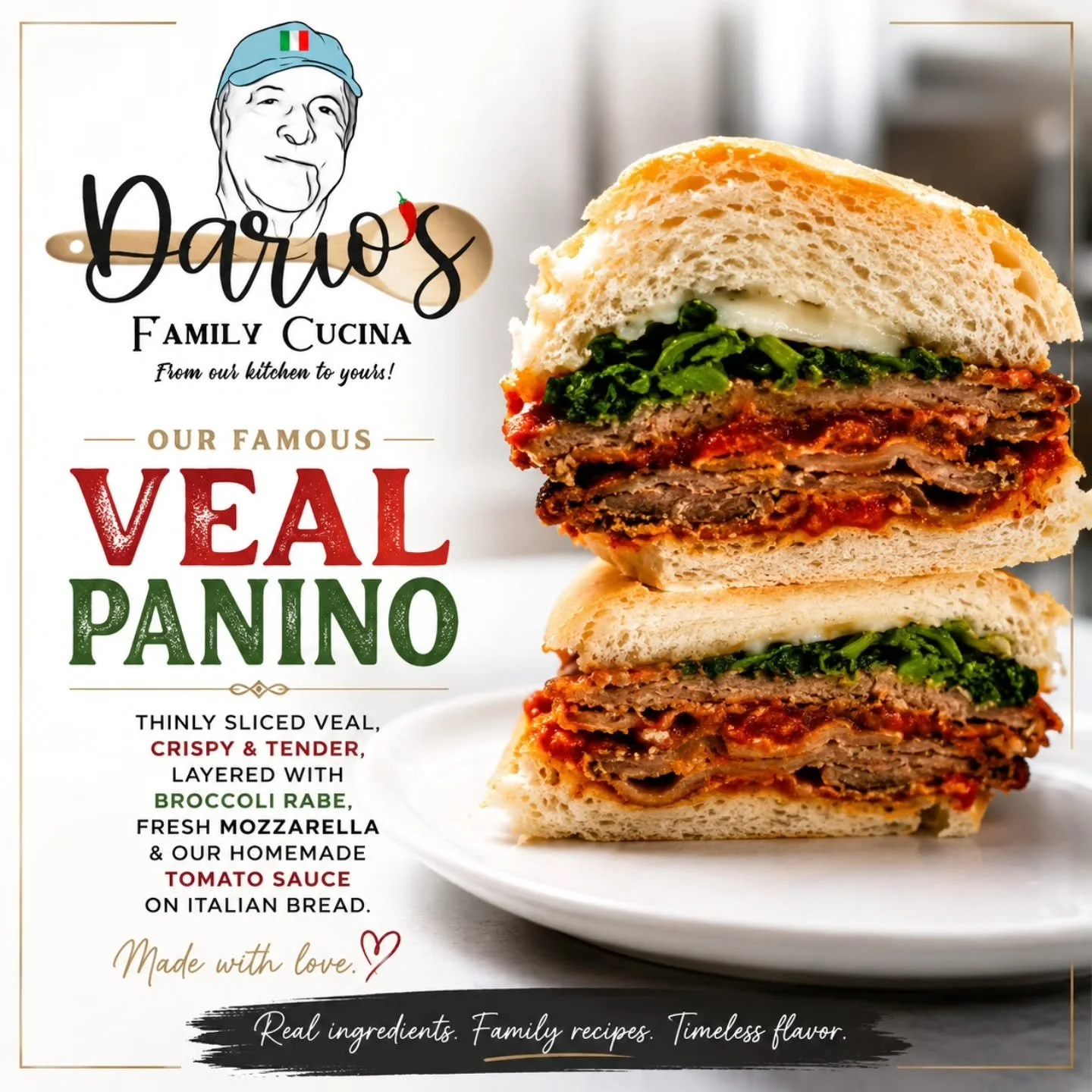 Our famous veal panino 🤌🇮🇹

Crispy, tender veal layered with rapini, fresh mozzarella, and our homemade tomato sauce all packed into fresh Italian bread.

Simple ingredients. Bold flavor. Done right every time. ❤️

Come taste why it&rsquo;s a fan 