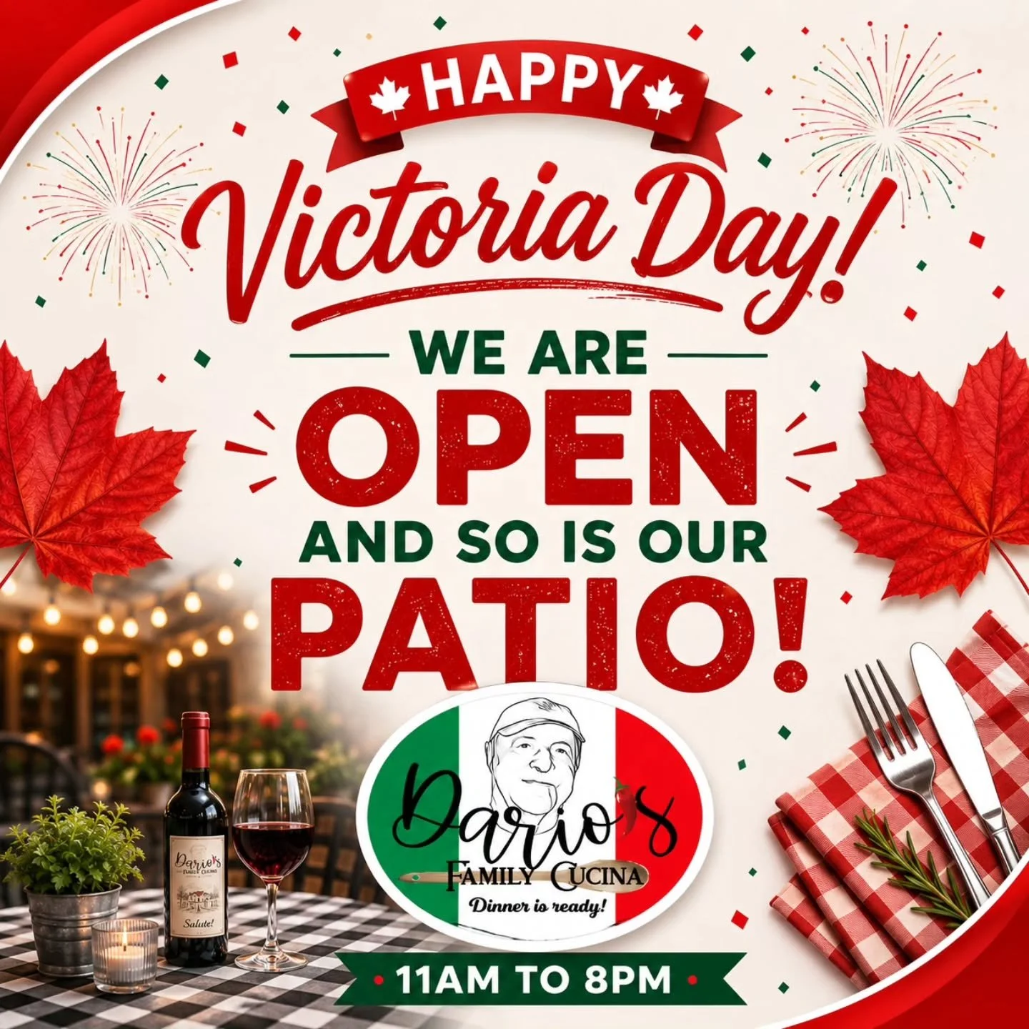 🇨🇦 Happy Victoria Day! 🇨🇦

We&rsquo;re OPEN today and our patio is ready for you and your family! ☀️

Bring the kids, bring your appetite, and come enjoy a relaxing day with delicious Italian favourites, fresh air, and great company. ❤️🍝

Whethe