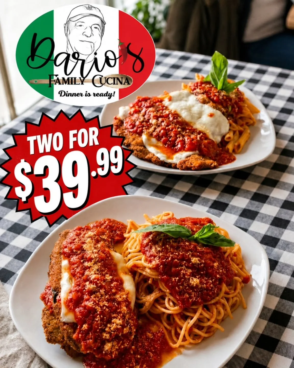 🍝 Monday Special at Dario&rsquo;s! 🍝

Make Mondays something to look forward to 👇

✨ Choose any TWO:
Chicken Parm | Veal Parm | Eggplant Parm 
*+$3 for veal 

Served with a side of pasta 🍝

🥖 PLUS a half loaf of our garlic cheese bread

💥 All f