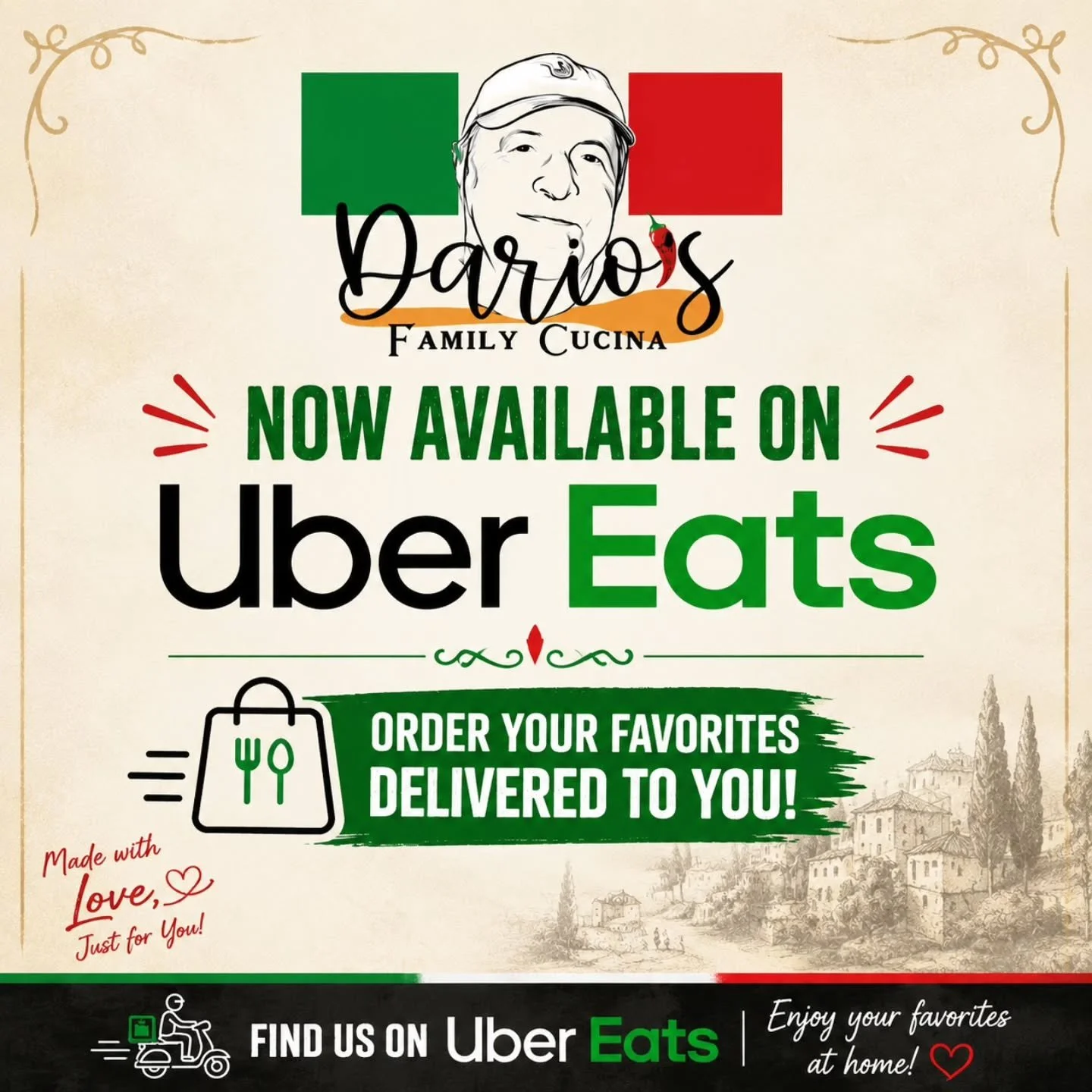 🚨 BIG NEWS! 🚨

Starting TODAY, you can enjoy your Dario&rsquo;s favorites from the comfort of your home we&rsquo;re now on Uber Eats! 🍝🍕✨

Craving chicken parm, veal, pasta, or one of our family favorites? We&rsquo;ve got you covered with just a 
