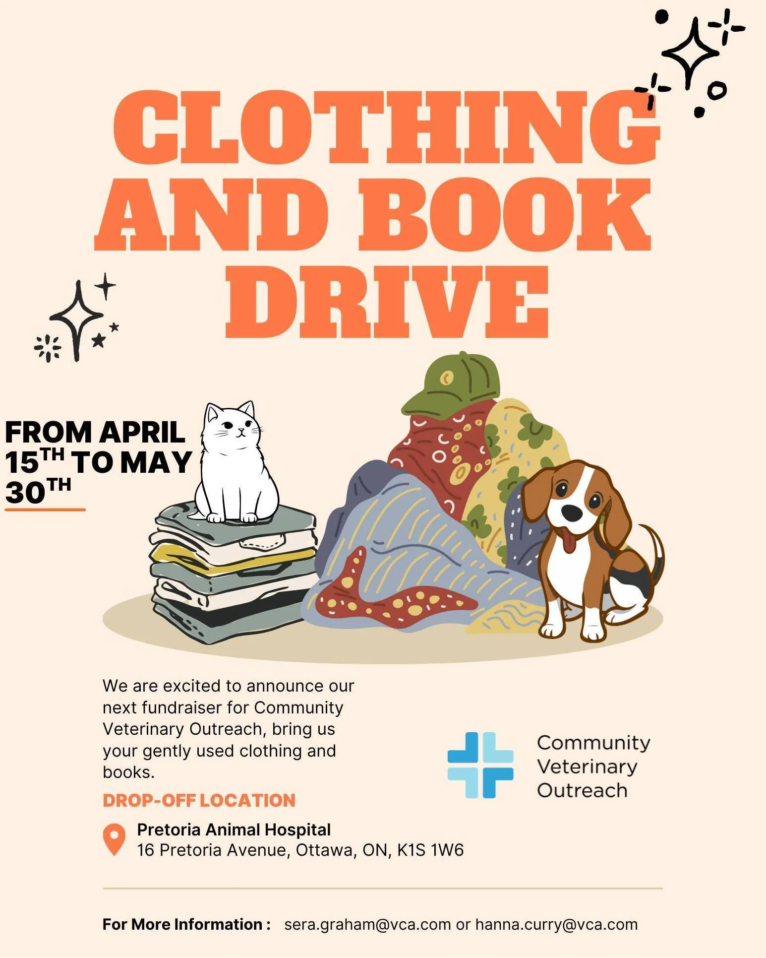 📣 Ottawa friends!!! @vca_canada's Pretoria Animal Hospital - one of our Community Leaders- is hosting a fundraiser for CVO Ottawa!!! 

How can you help? Anytime from April 15th to the end of May drop of gently used 👕 Clothing and 📚 Books to 16 Pre