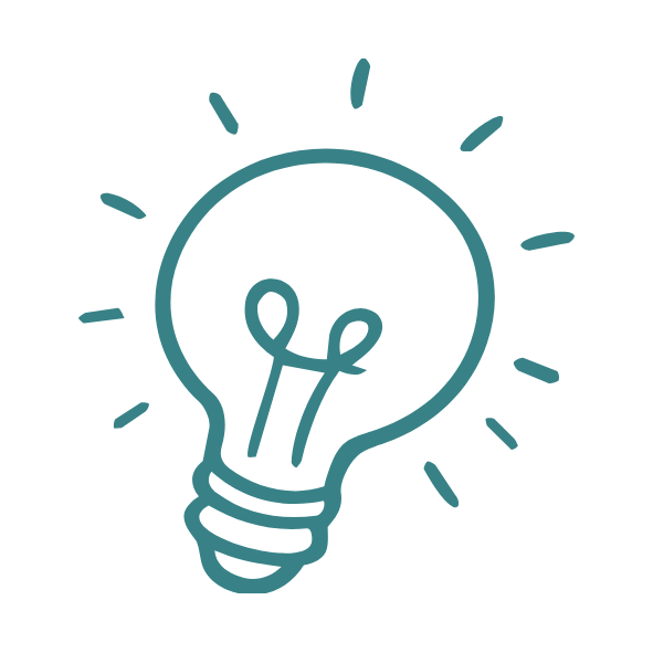 Zeigt das Icon für den Wert "kreativ", einer der drei Werte von meliscosmos. Zeichnung einer Glühbirne mit Strahlen, symbolisiert eine Idee. Gezeichnet in der Farbe türkis.